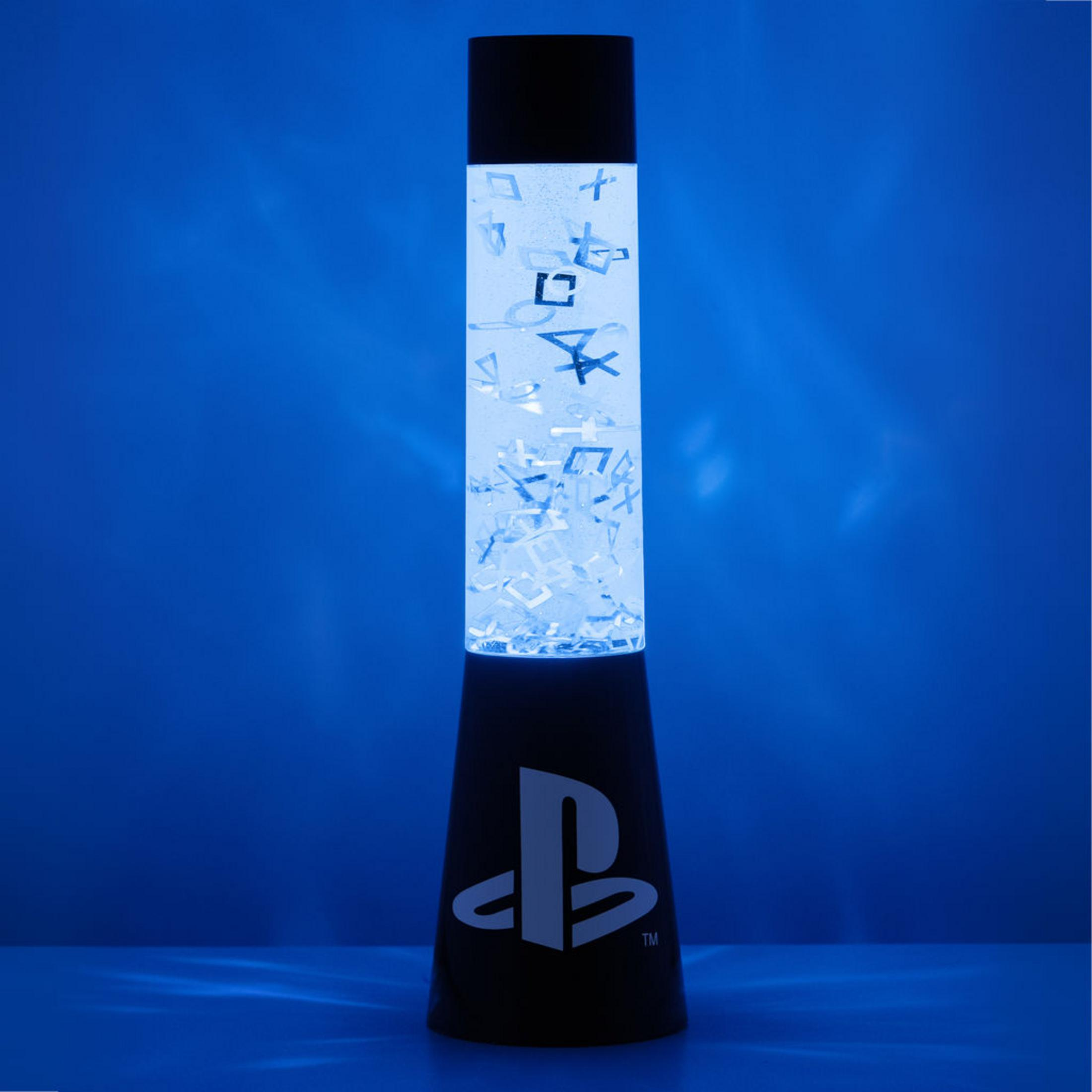 Eine schwarz-blaue PlayStation-Lavalamp, mit schwebenden Formen im Inneren, auf blauem Hintergrund.
