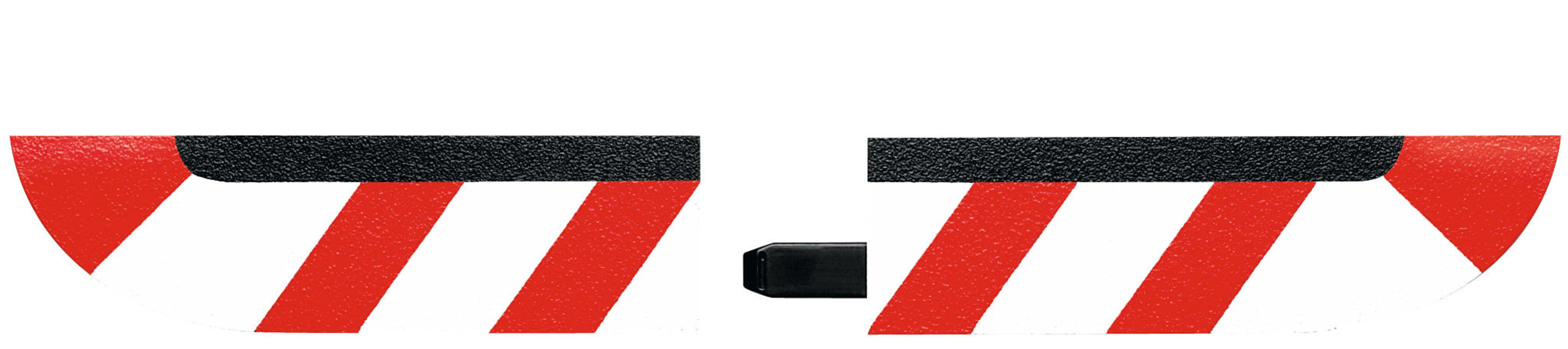Zwei Straßenteiler mit rot-weißen Streifen. Ein schwarzer Verbinder befindet sich in der Mitte.