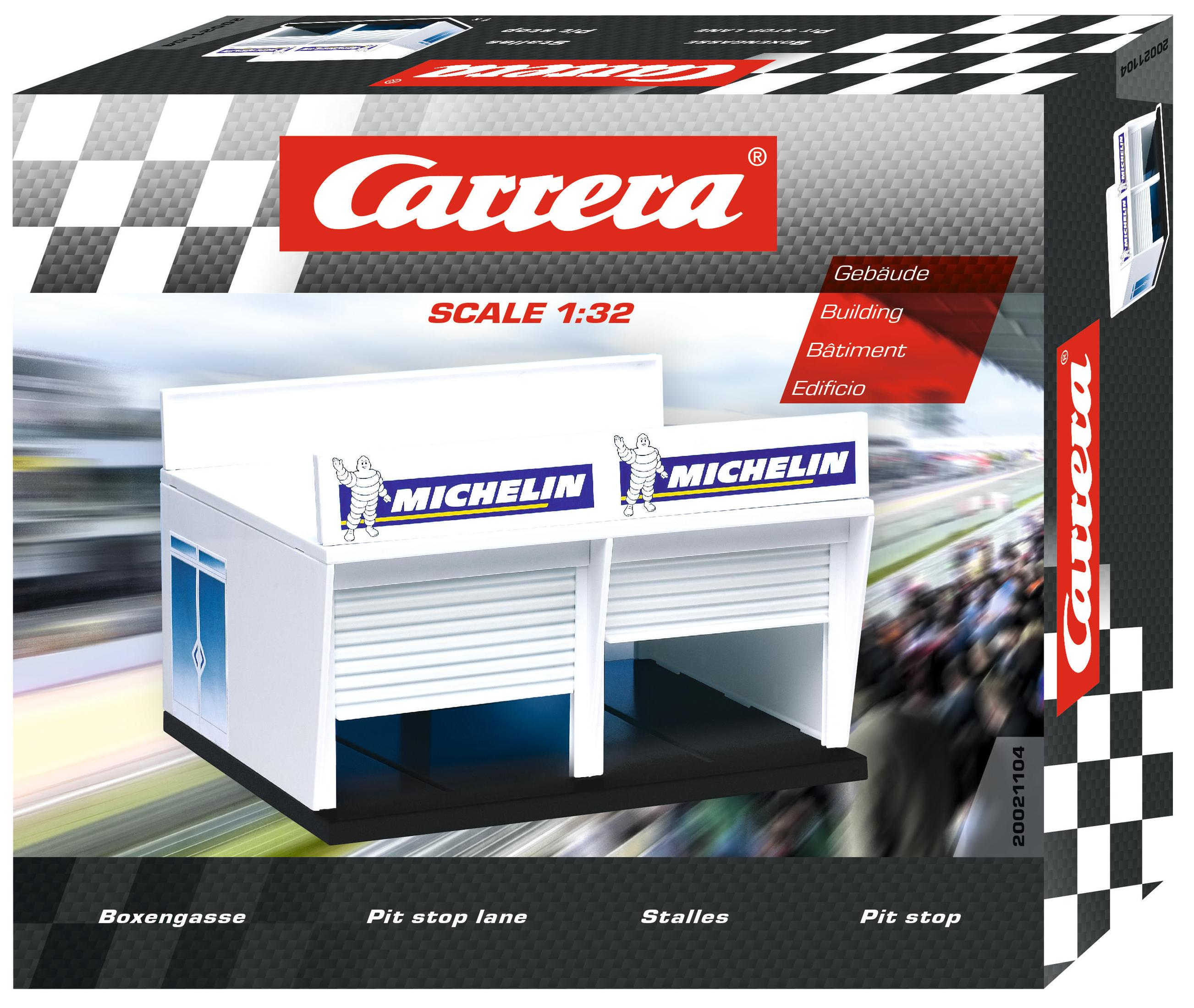 Eine Carrera-Box mit Boxen-Modell. Sie ist weiß und trägt Michelin-Branding.