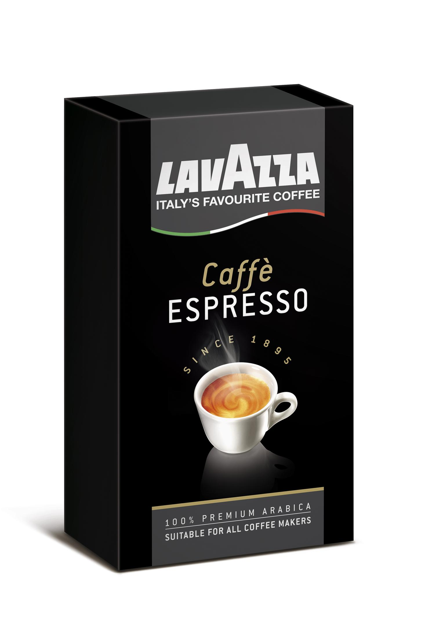 Una scatola di caffè Lavazza nera con grafica a tazza di caffè. Il testo dice Caffe Espresso. Il caffè preferito d'Italia.