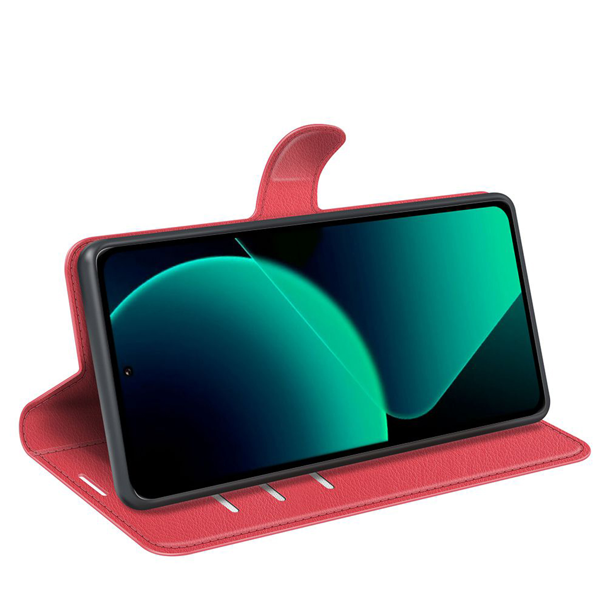 Rode leren telefoonhoes open met een telefoon erin. Het telefoonscherm toont een groen ontwerp.
