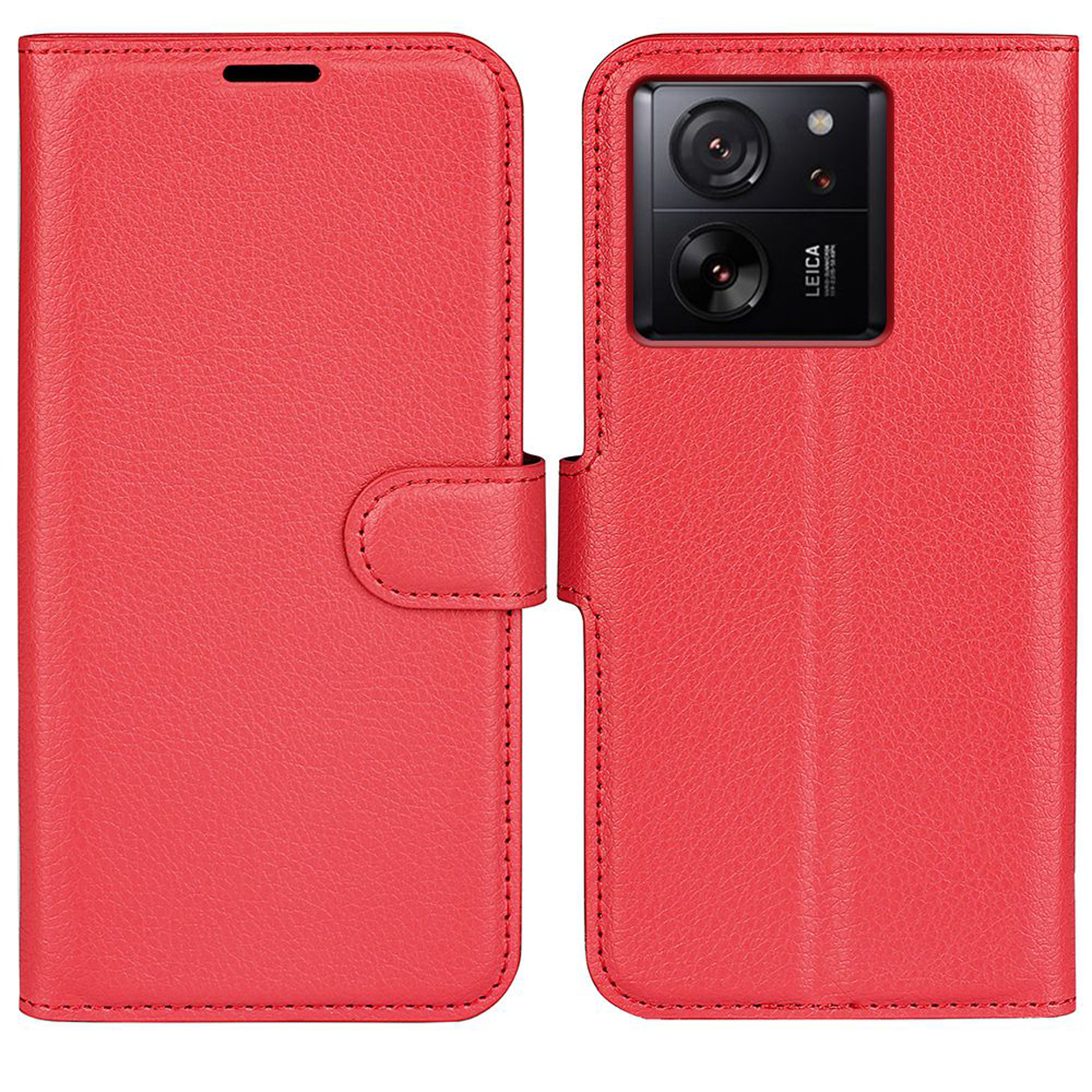 Rode leren telefoonhoes met flap en magnetische sluiting. De telefoon heeft een Leica camera.