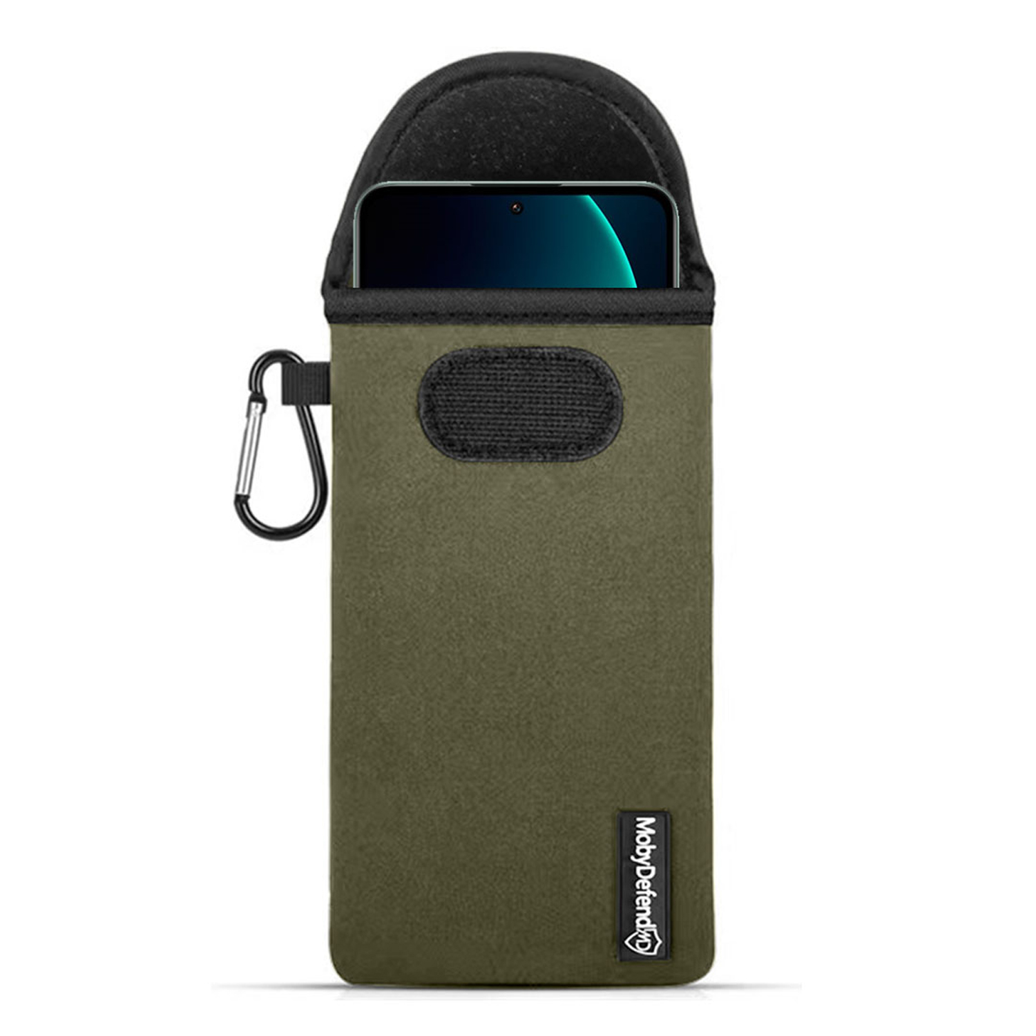 Étui de téléphone vert olive avec un dessus noir. Le téléphone est inséré. Logo MobyDefend visible.