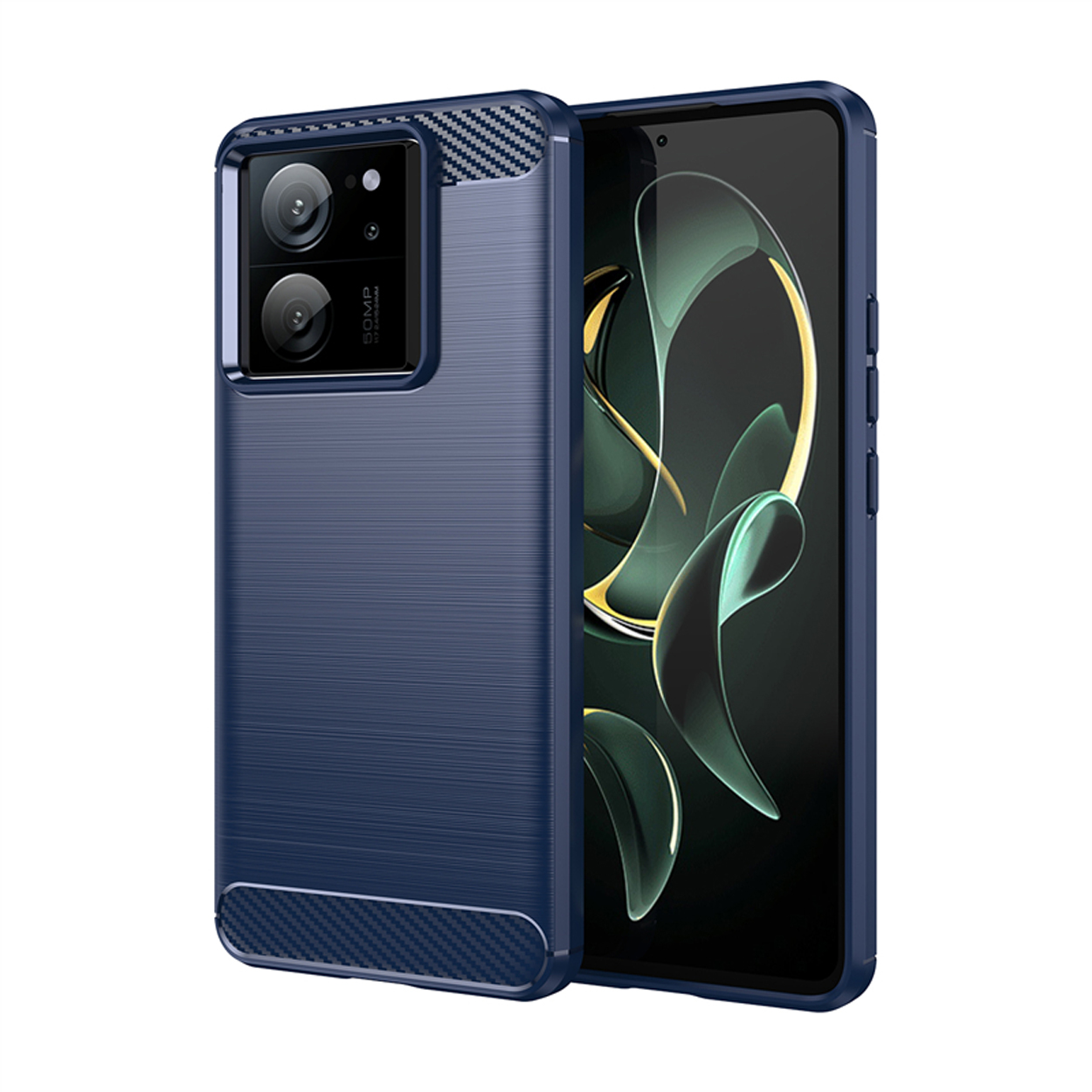 Blauwe telefoonhoes met een telefoon erin. Het heeft een textuurontwerp en een camera-uitsparing.