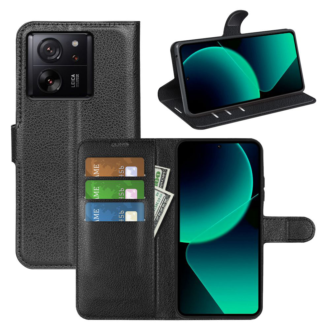 Zwarte leren telefoonhoes, open. Toont telefoon met kaarten en geld. Toont ook standfunctie.