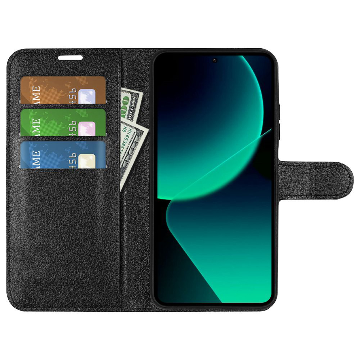 Zwart telefoonportemonnee. Toont kaarten, contant geld en scherm met groenblauw ontwerp.