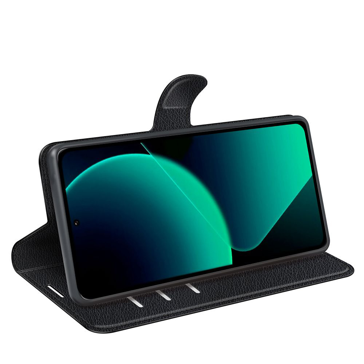 Zwarte leren telefoonhoes, met telefoon erin.