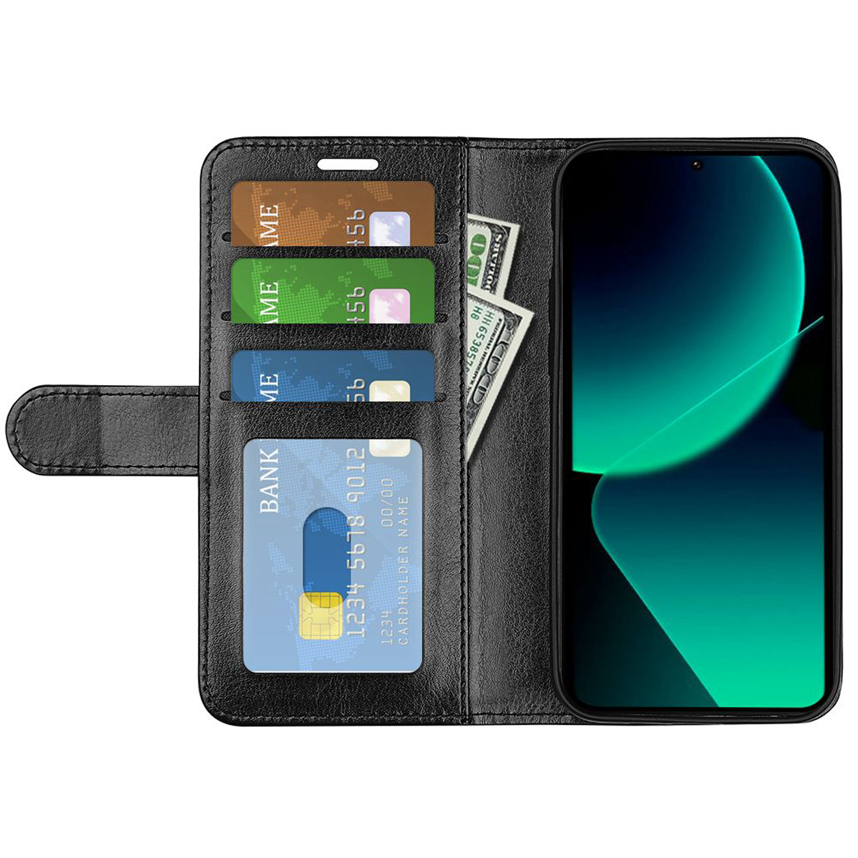 Zwarte leren telefoonhoes, open. Toont kaarten, geld en een telefoon met een kleurrijk scherm.