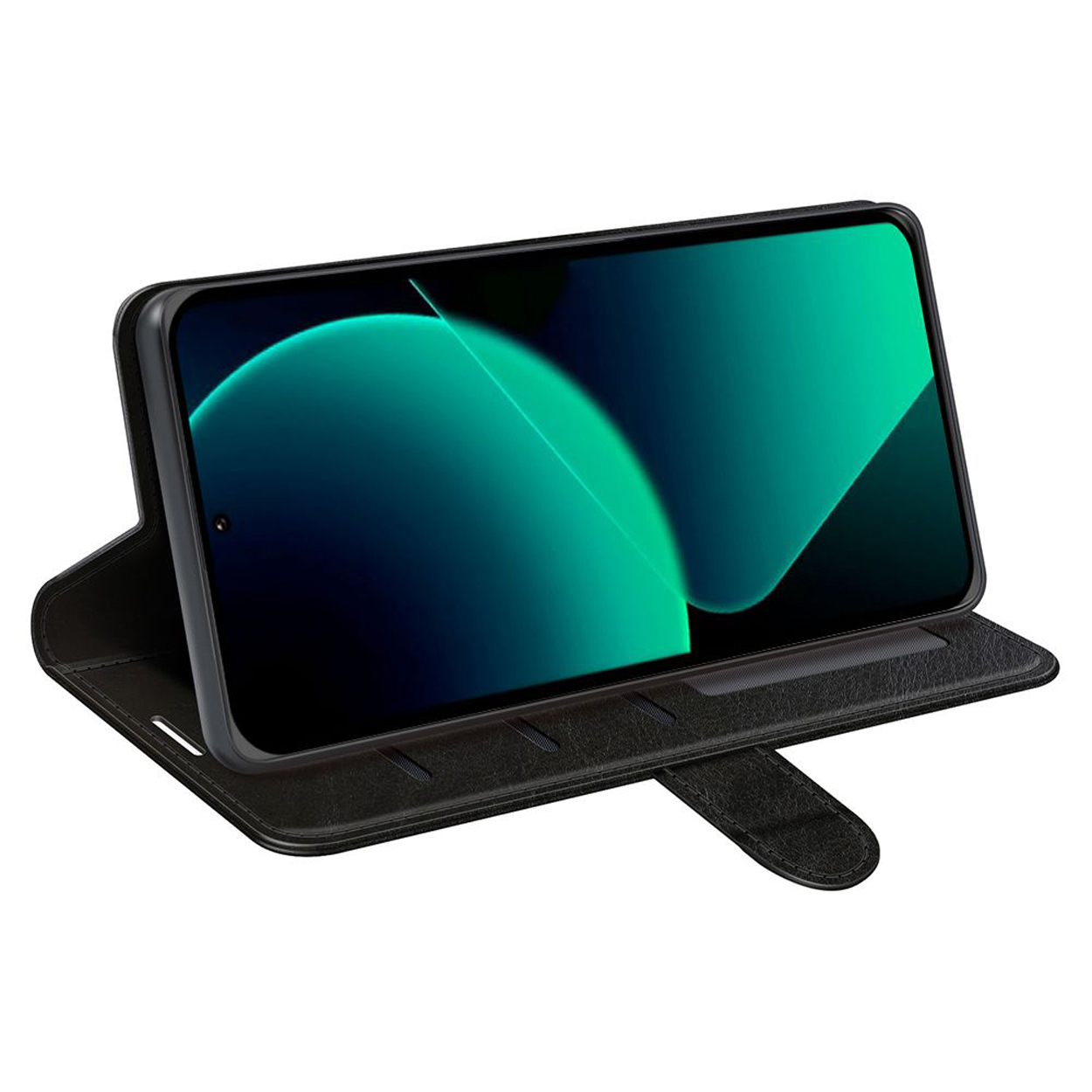Zwarte telefoonhoes open met een telefoon. Telefoon met een groen en blauw scherm.