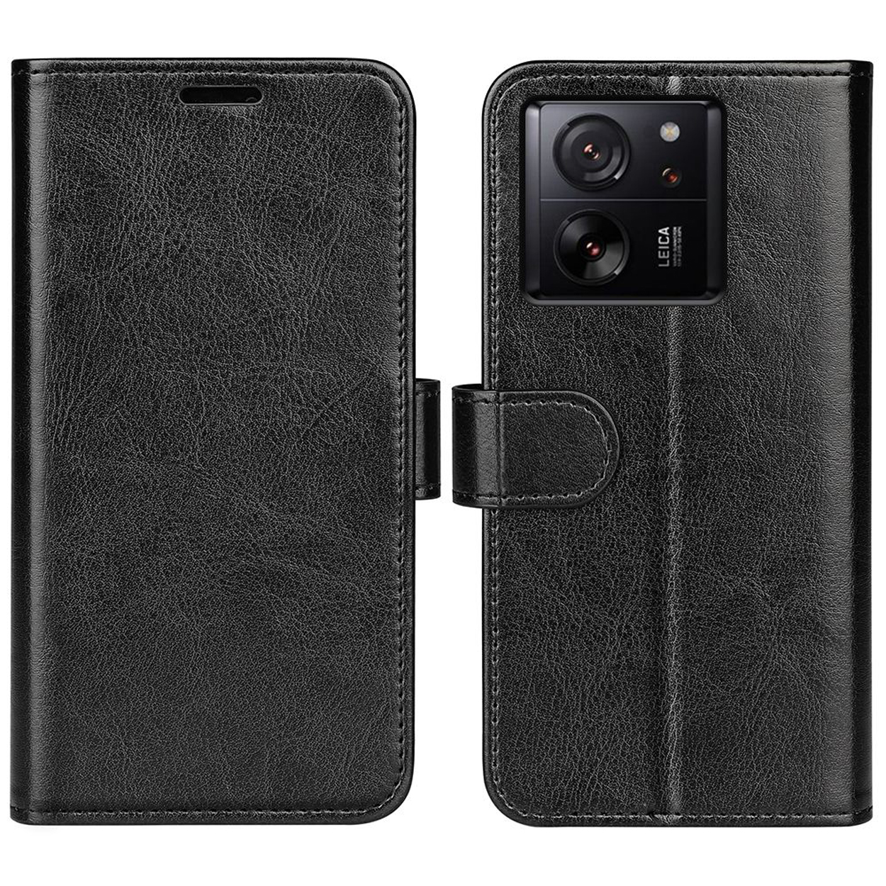 Zwarte leren telefoonhoes, open en dicht, met telefoon.