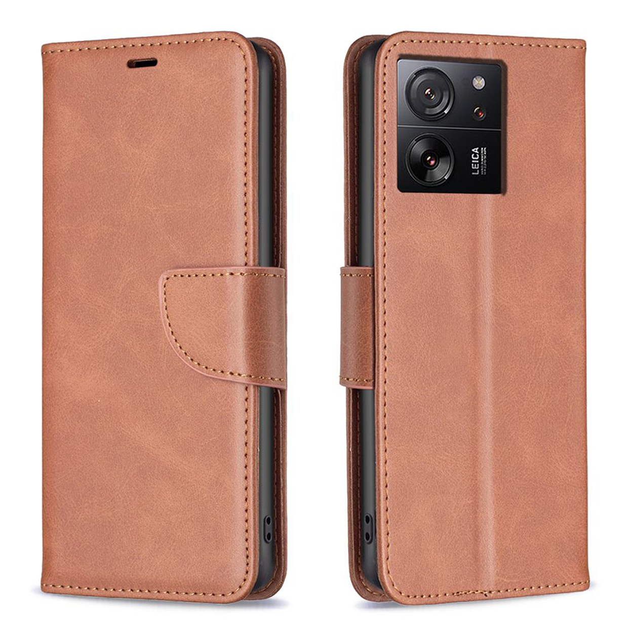 Étui de téléphone en cuir marron, fermé et ouvert. Ouvert montre téléphone avec caméra et l'étui.