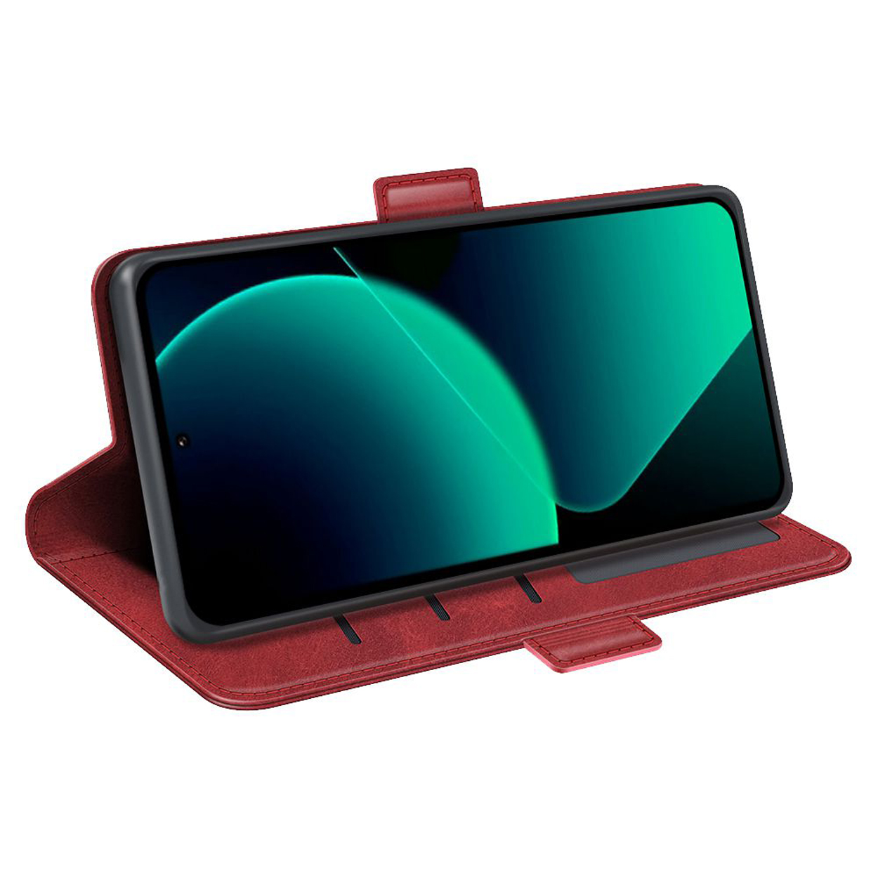 Een rode leren telefoonhoes, open. De telefoon heeft een groen scherm.
