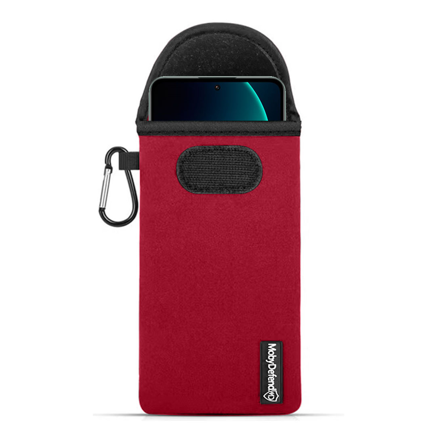 Housse de téléphone rouge avec un téléphone. Fond noir. Logo MobyDefend.