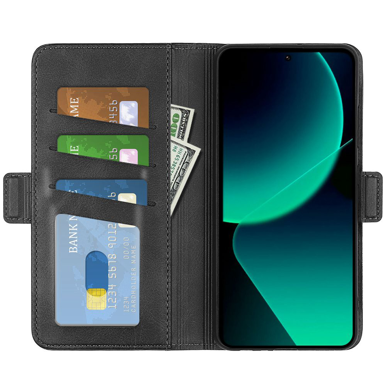 Zwarte telefoonhoes, met kaarten, geld en telefoon, groen scherm.