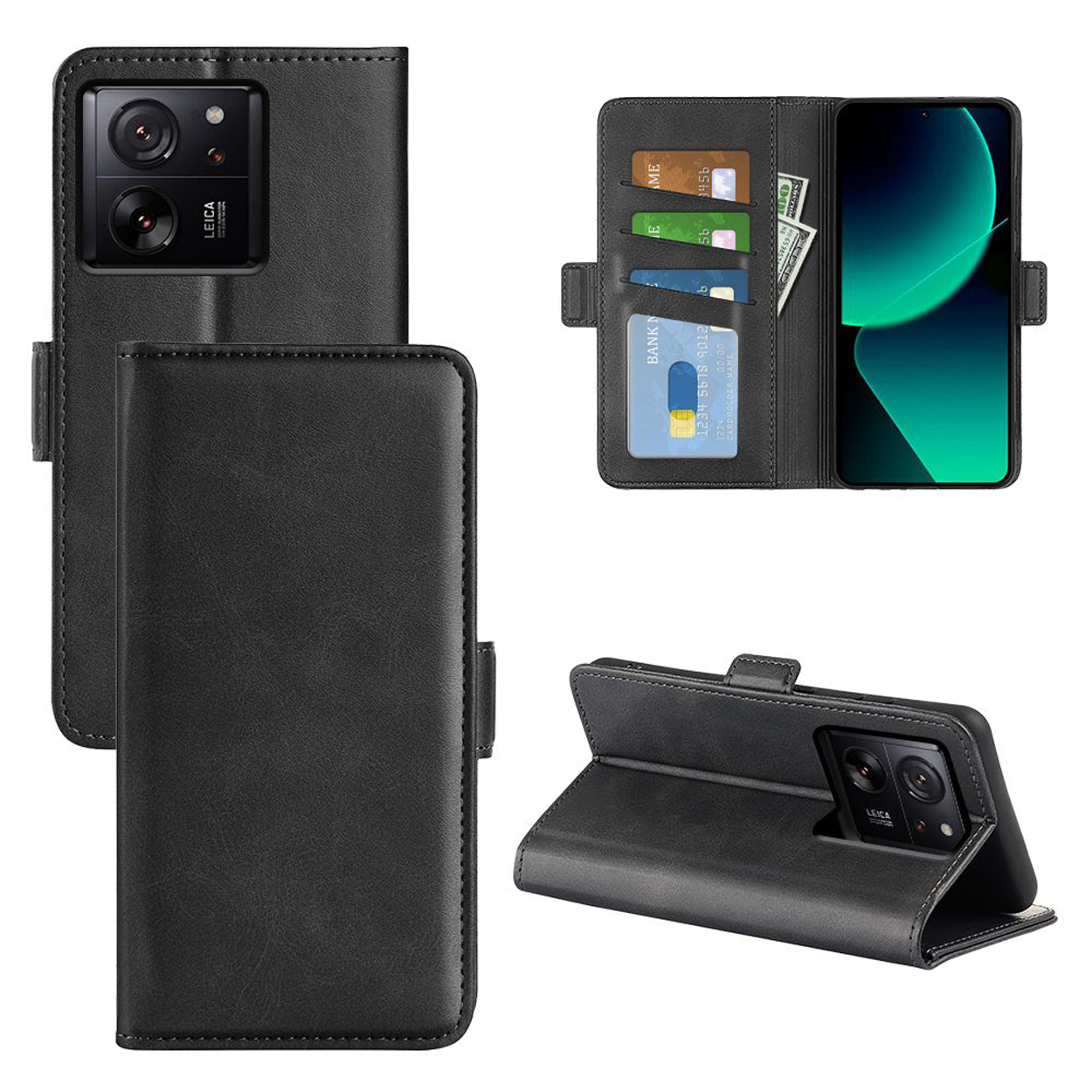 Zwarte telefoonhoes met telefoon. De hoes toont de telefoon en creditcards. De hoes is opvouwbaar.