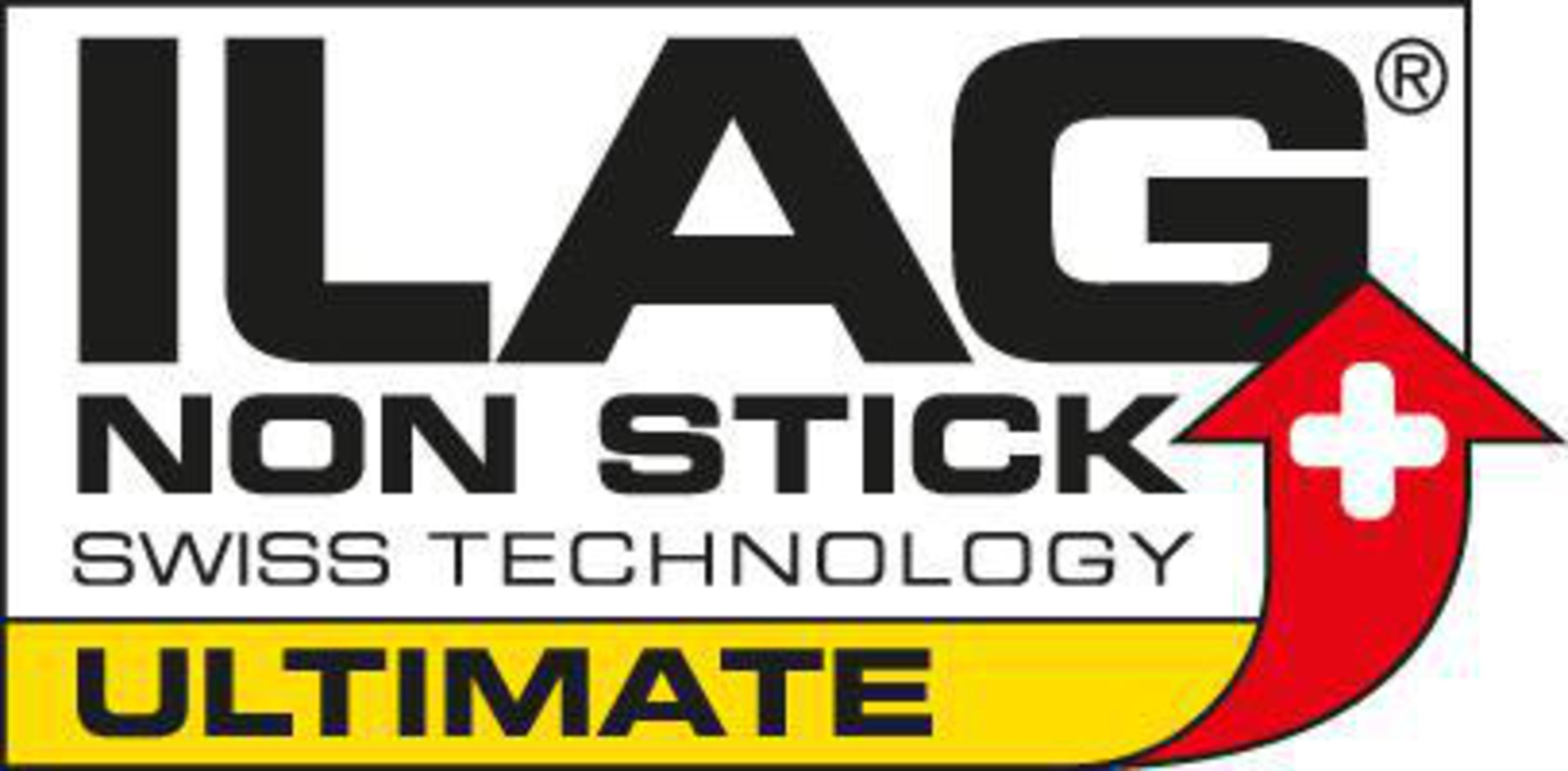 ILAG NON STICK Swiss Technology ULTIMATE Logo in Schwarz und Gelb.