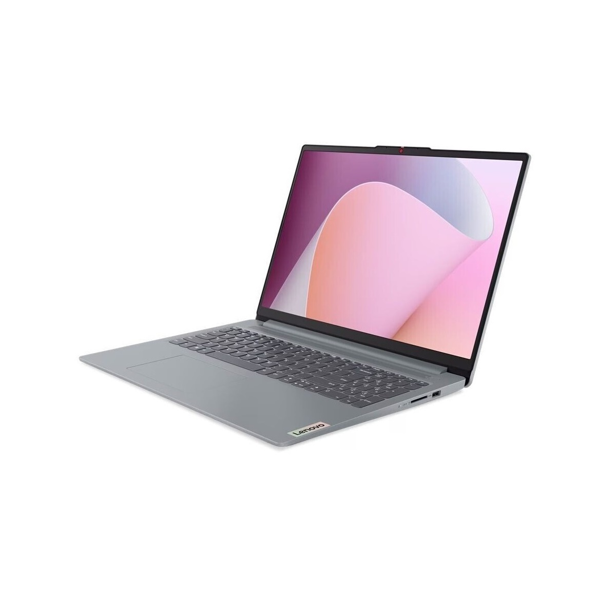 Grauer Lenovo Laptop offen auf weißer Oberfläche, zeigt Bildschirm und Tastatur.
