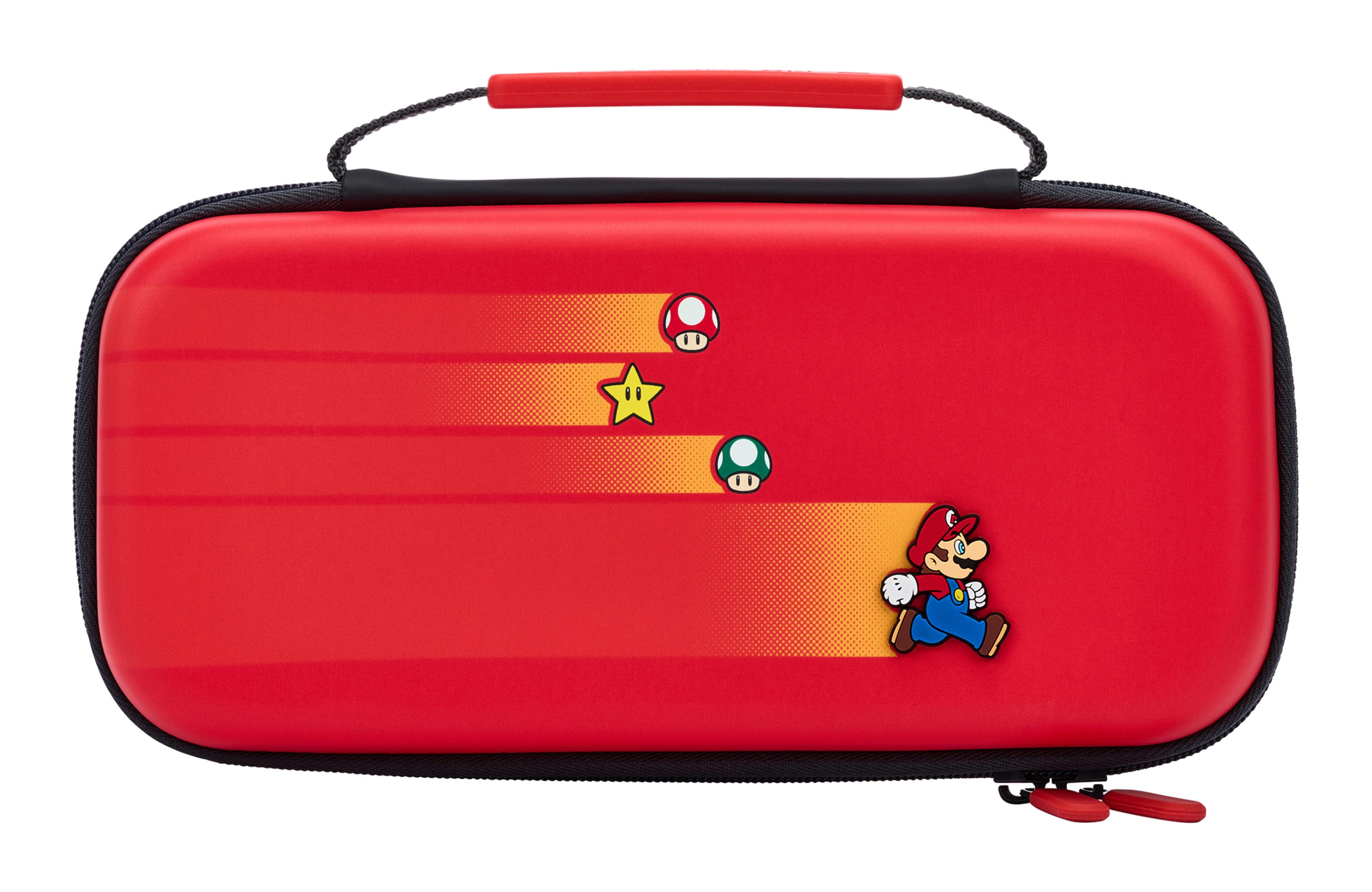 Czerwone etui Nintendo Switch z Mario, gwiazdką i grzybami.