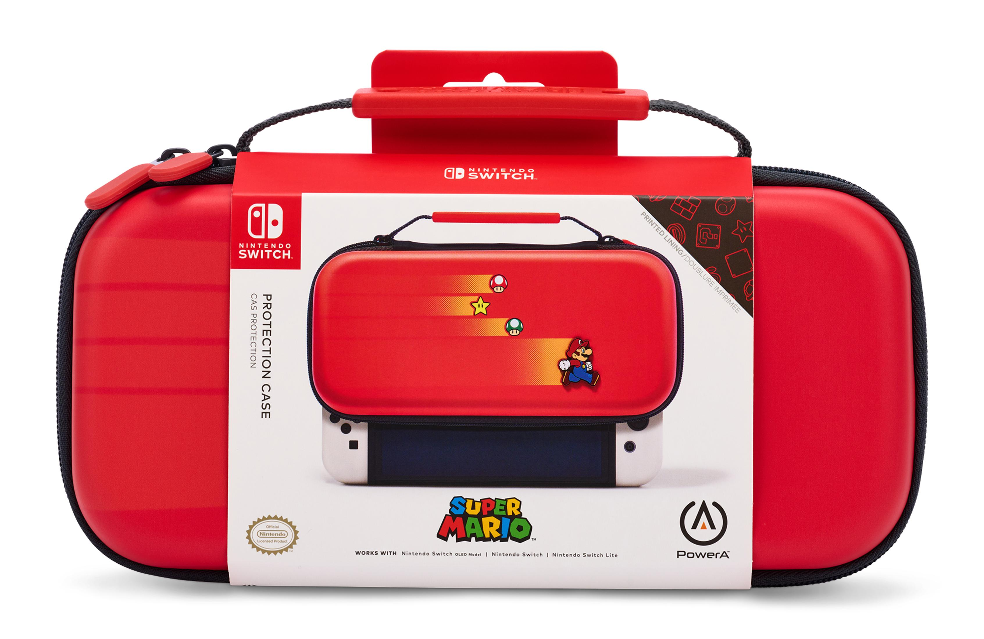 Czerwone etui ochronne Nintendo Switch z motywem Super Mario i akcesoriami.
