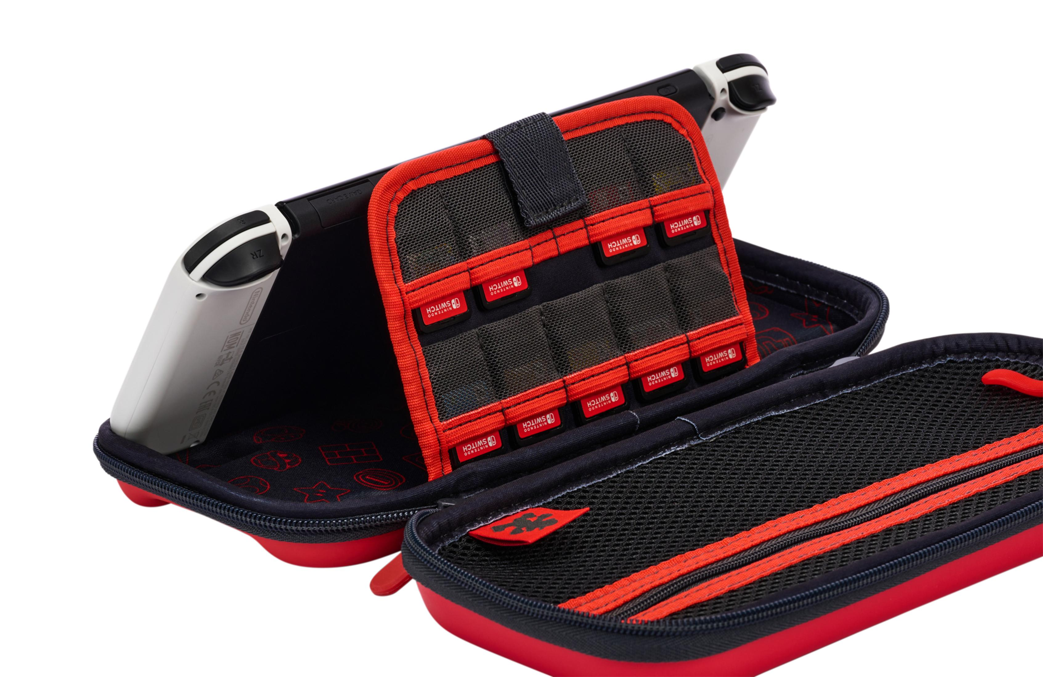 Konsola Nintendo Switch z kartridżami z grami w czerwono-czarnym etui.