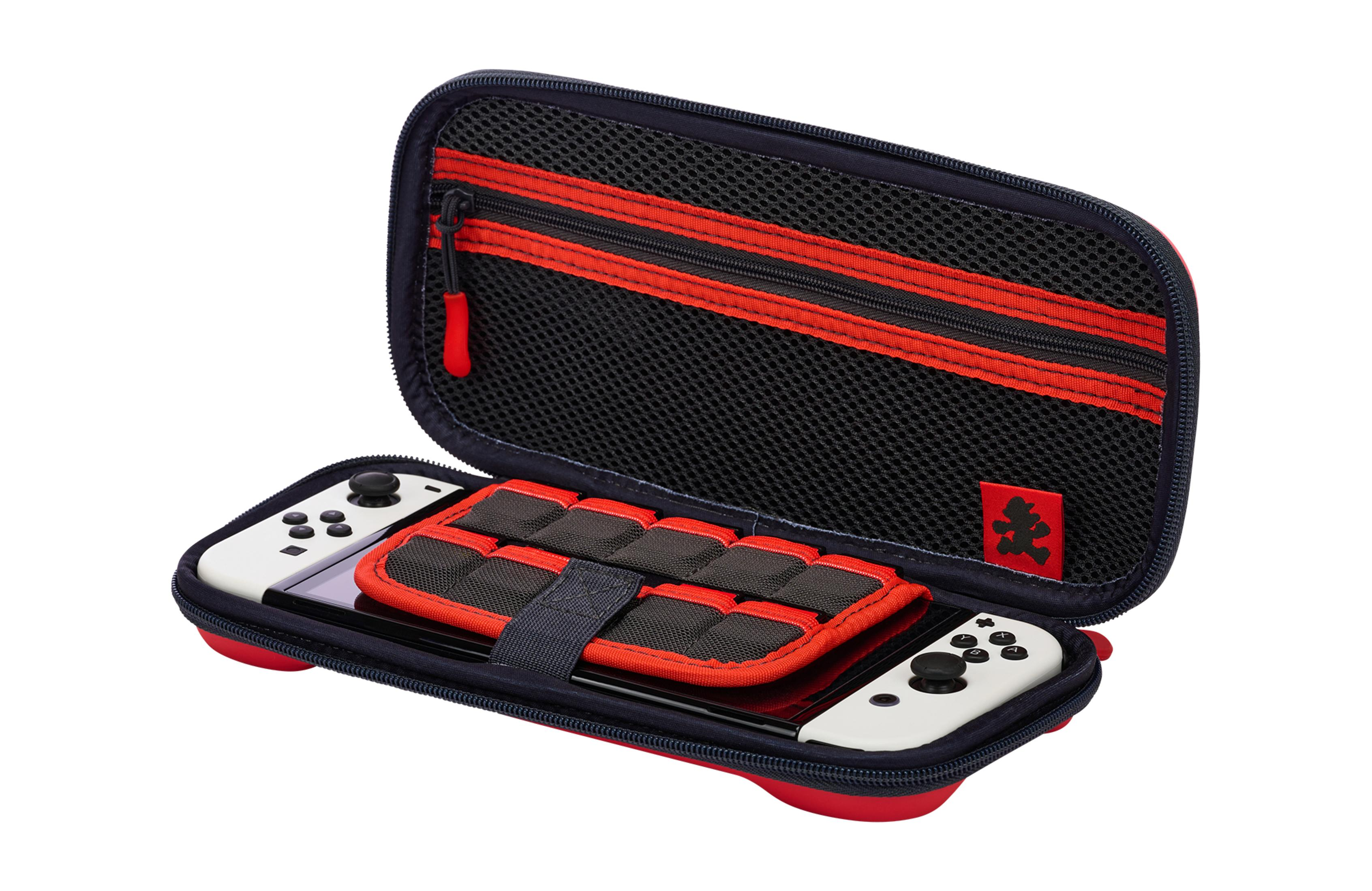Otwarty niebieski futerał z konsolą Nintendo Switch i białymi Joy-Conami.