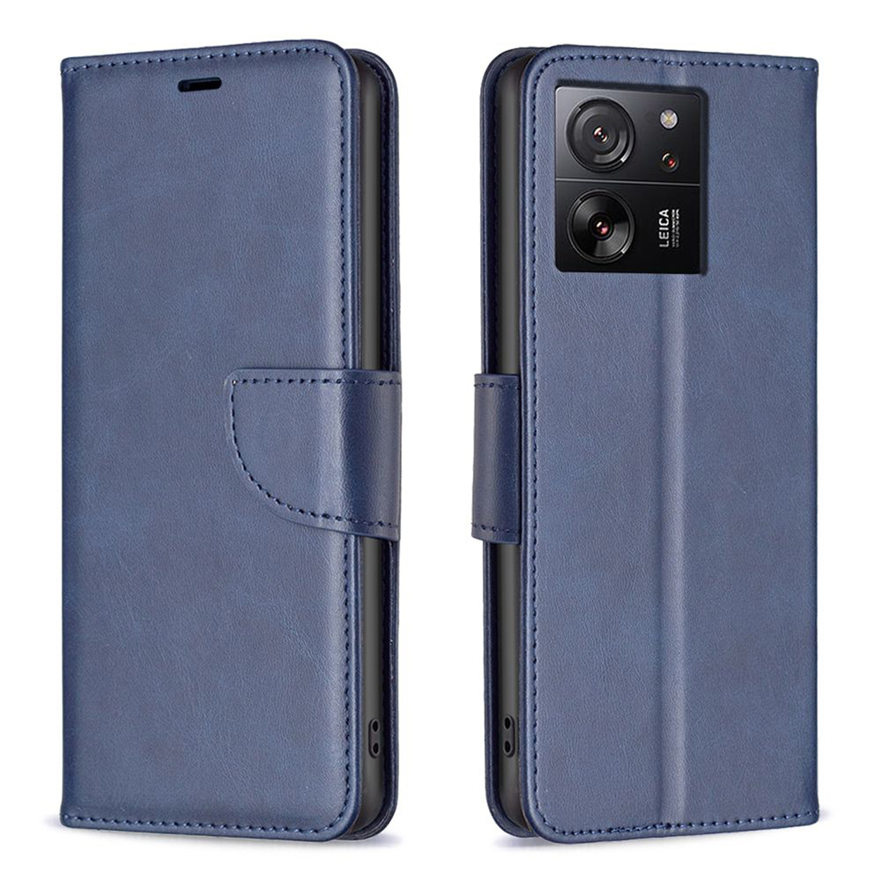 Coque de téléphone bleue en deux vues. Fermée et ouverte pour révéler le téléphone.