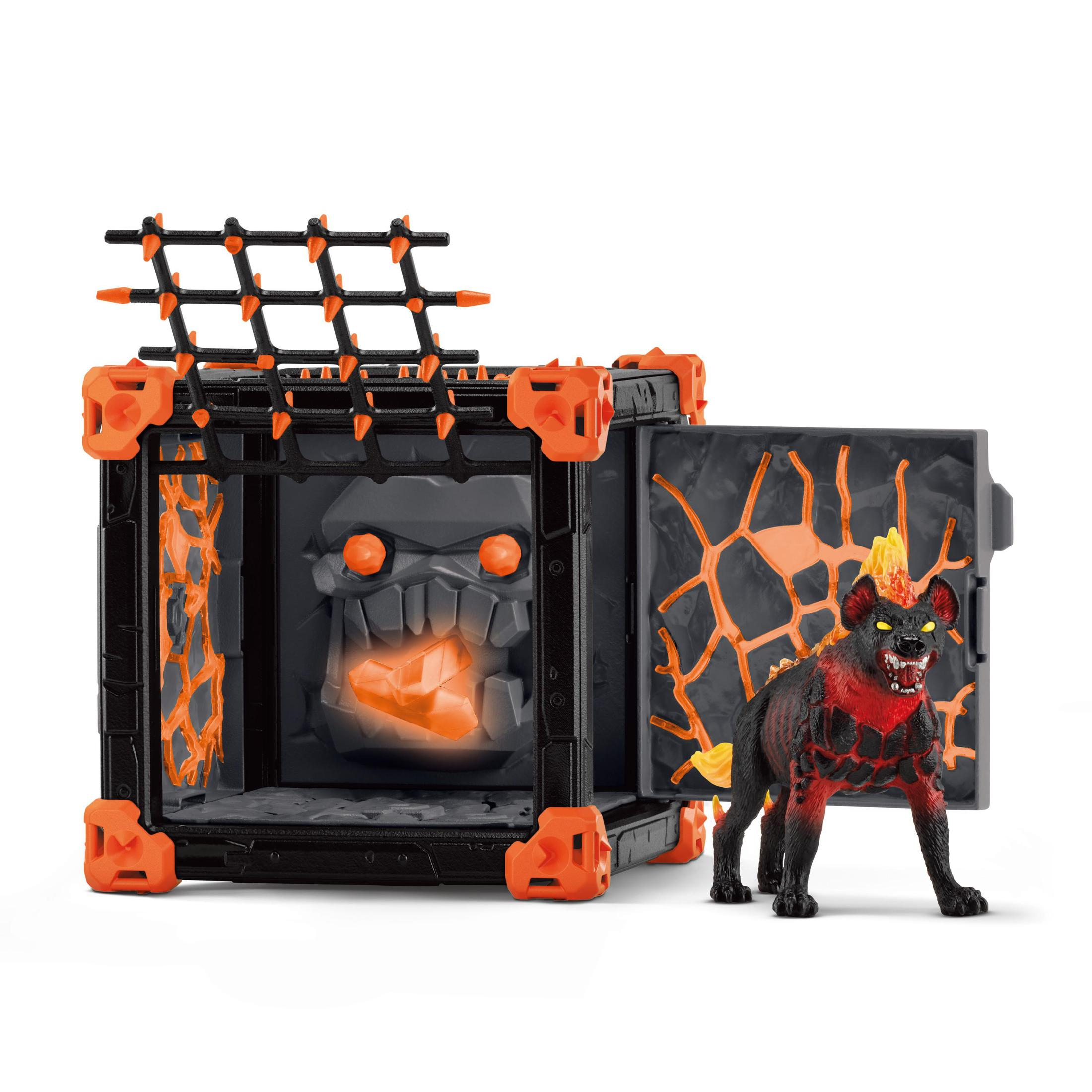 Spielzeugset mit Monsterkäfig und Monsterfigur. Der Käfig ist schwarz mit orangefarbenen Akzenten, das Monster rot.