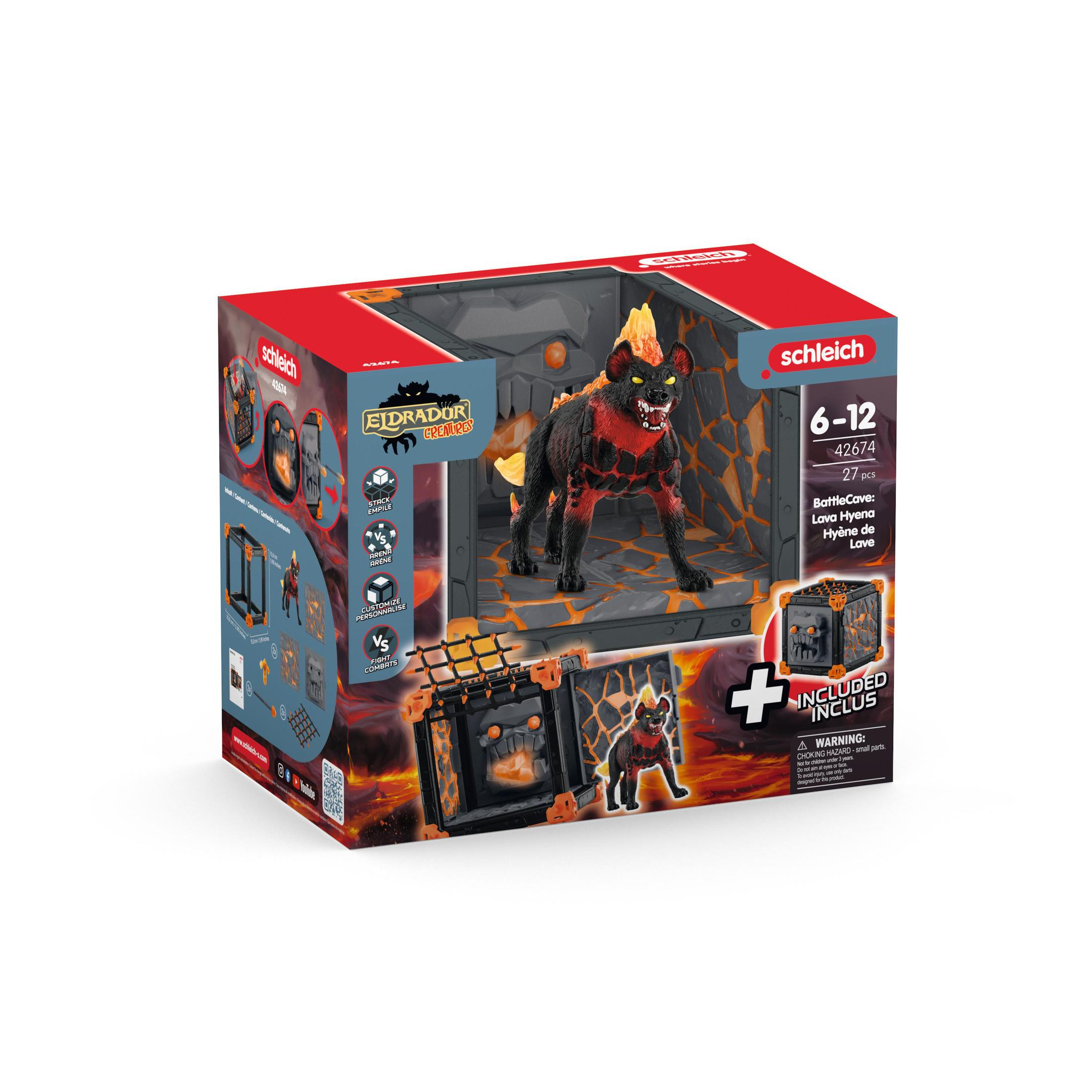 Ein Schleich-Spielzeugkarton mit einem Monster darin. Es ist eine rot-schwarze Hyäne. Die Box zeigt eine Kampfszene.