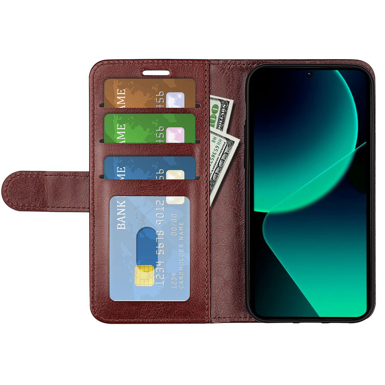 Bruine telefoonhoes open met kaarten, geld en telefoon, groen scherm.