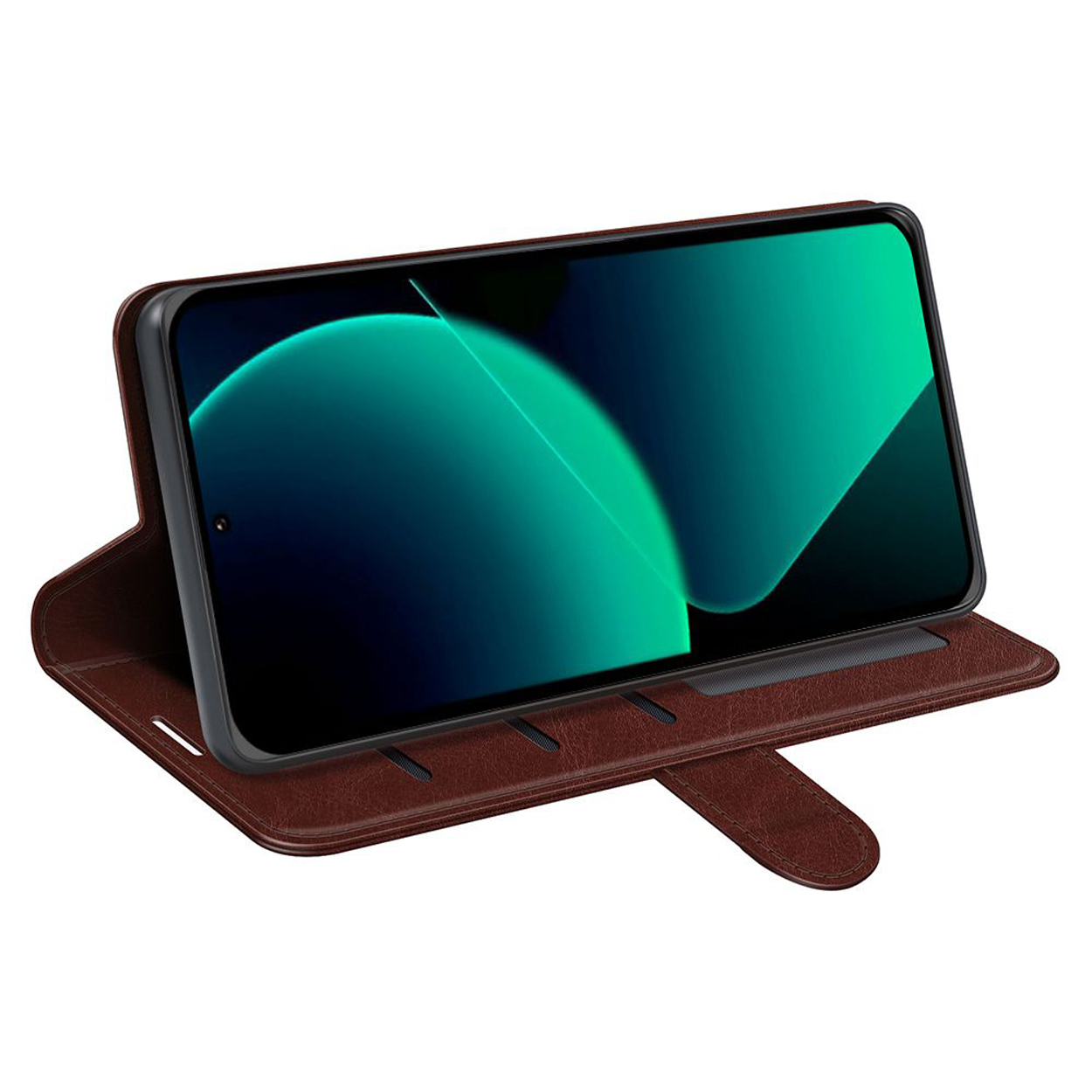 Een bruine telefoonhoes houdt een smartphone vast. Het scherm toont een blauwgroen en wit ontwerp.