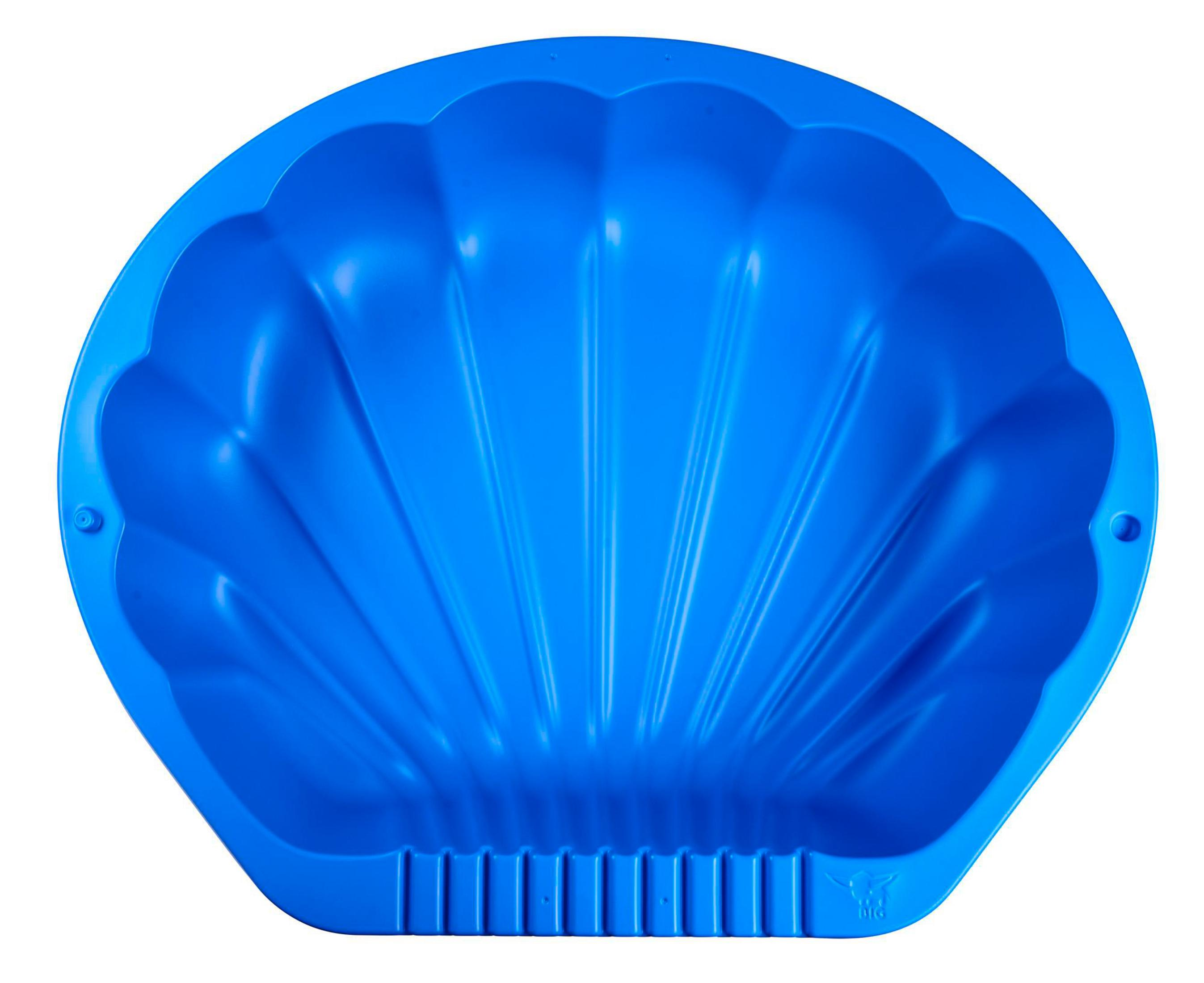 Uno stampo blu a forma di conchiglia con un motivo a coste e un bordo irregolare.