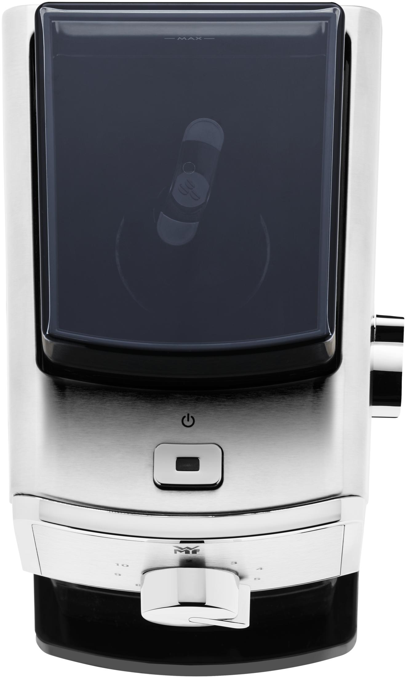 Zbliżenie urządzenia kuchennego ze stali nierdzewnej z czarnym blatem, pokrętłem i przyciskiem.