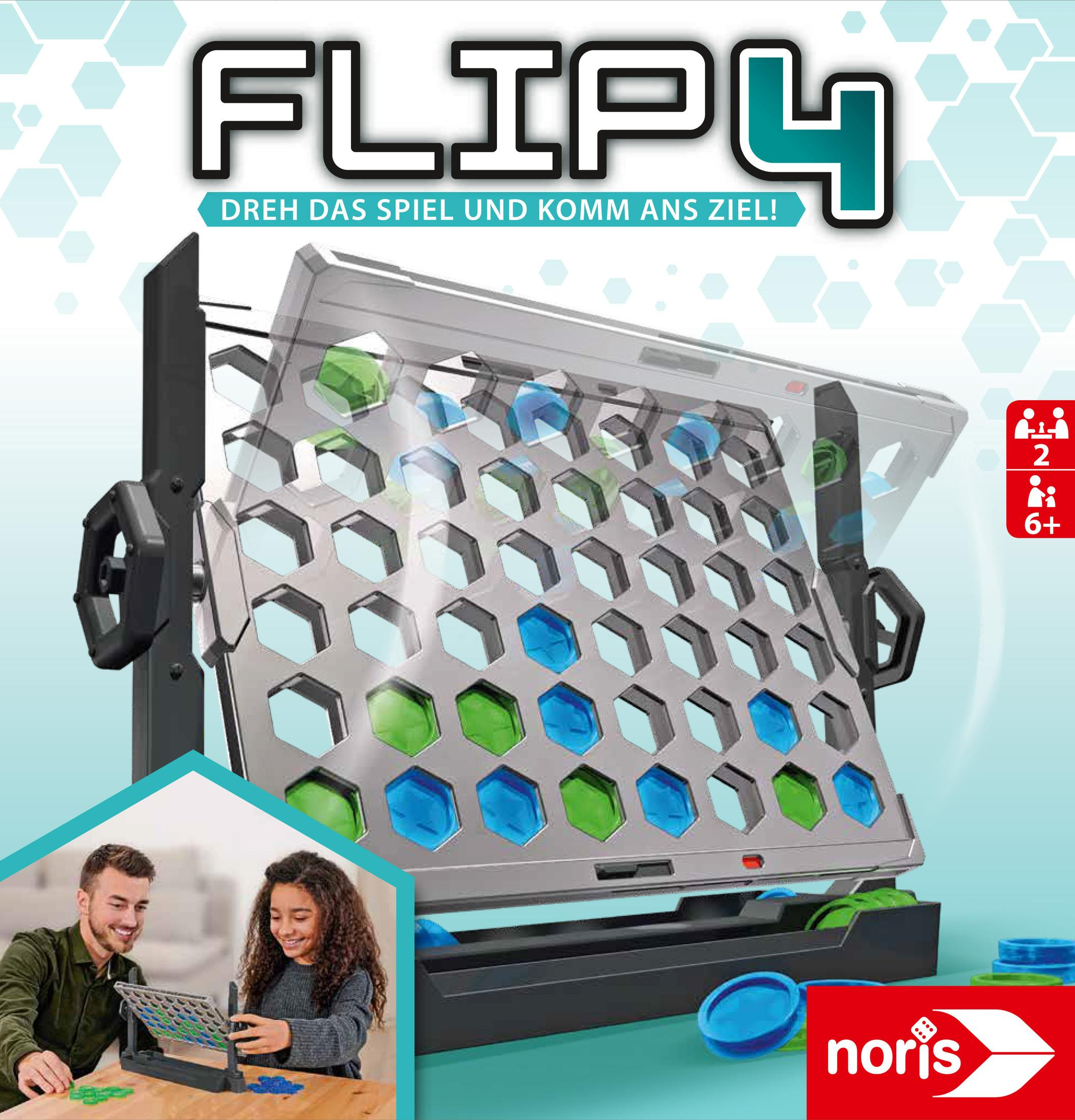 Ein Brettspiel namens Flip 4. Ein Mann und ein Mädchen spielen. Das Spielbrett hat farbige Formen.