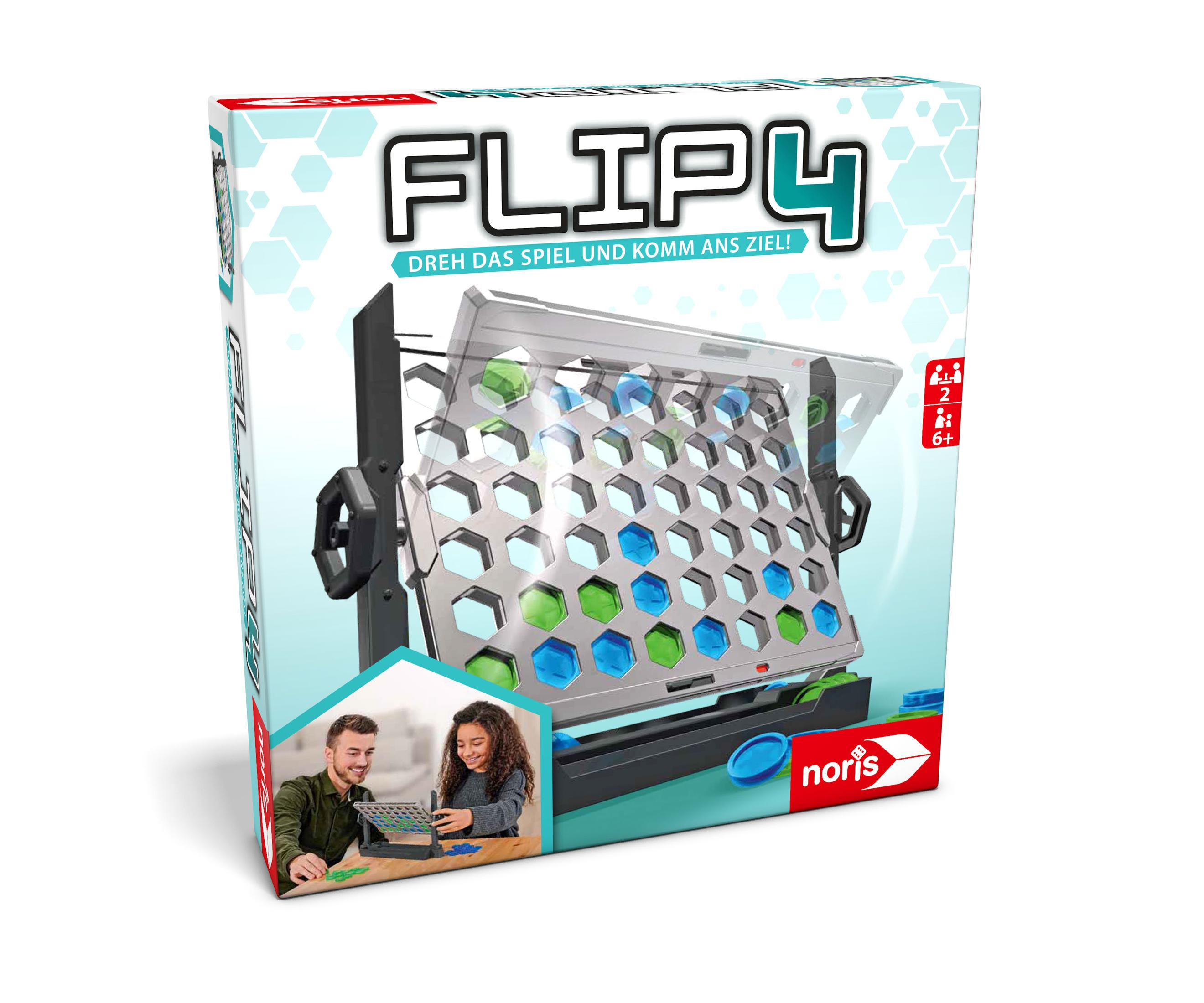 Eine Brettspielbox mit dem Titel FLIP4. Es zeigt das Spiel mit grünen, blauen Teilen.