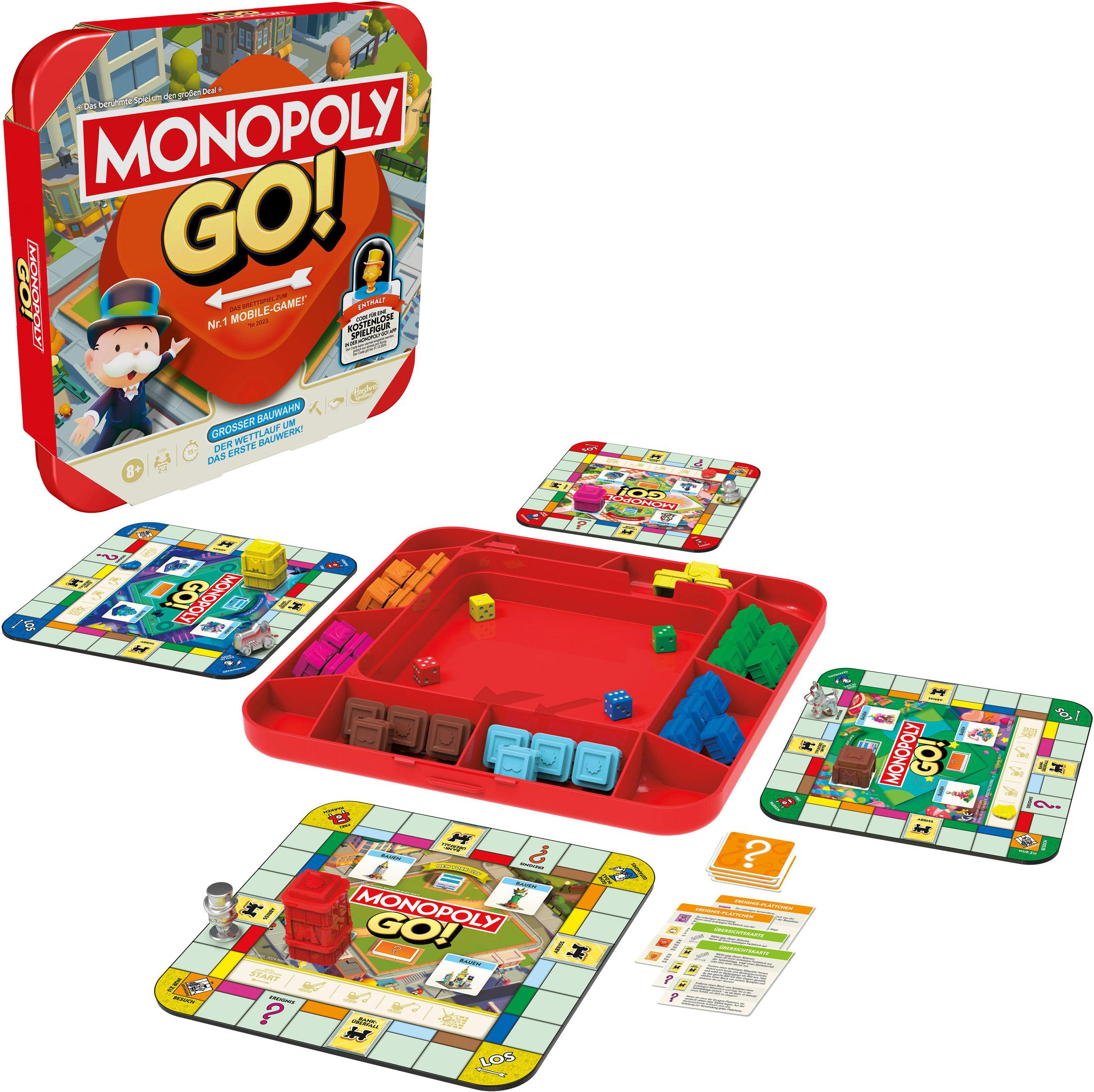 Set di gioco da tavolo Monopoly Go. Include tabellone, pedine e scatola rossa con titolo.