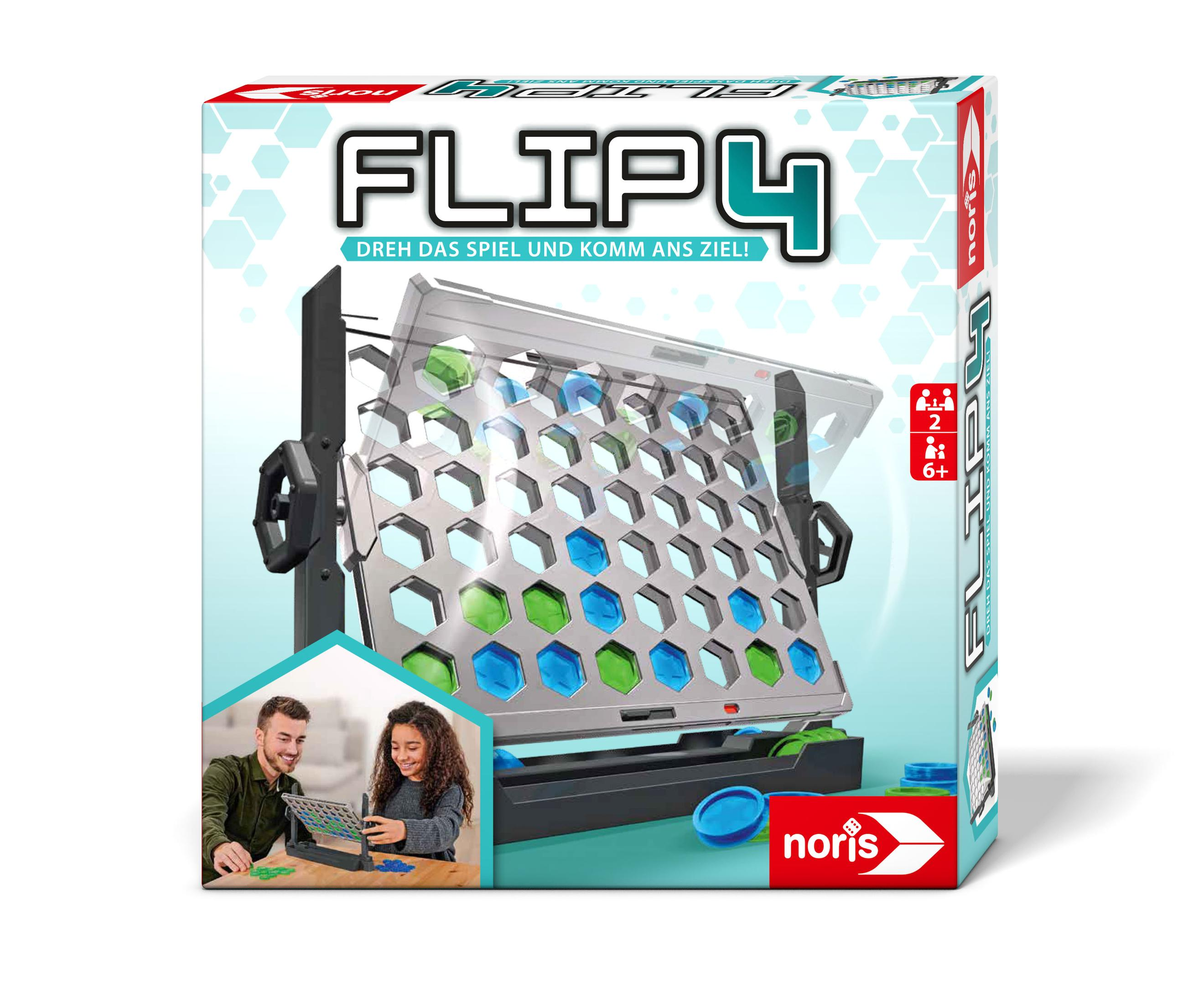 Flip 4 Brettspielbox, zeigt Spielsteine und spielende Personen auf weißer Oberfläche.