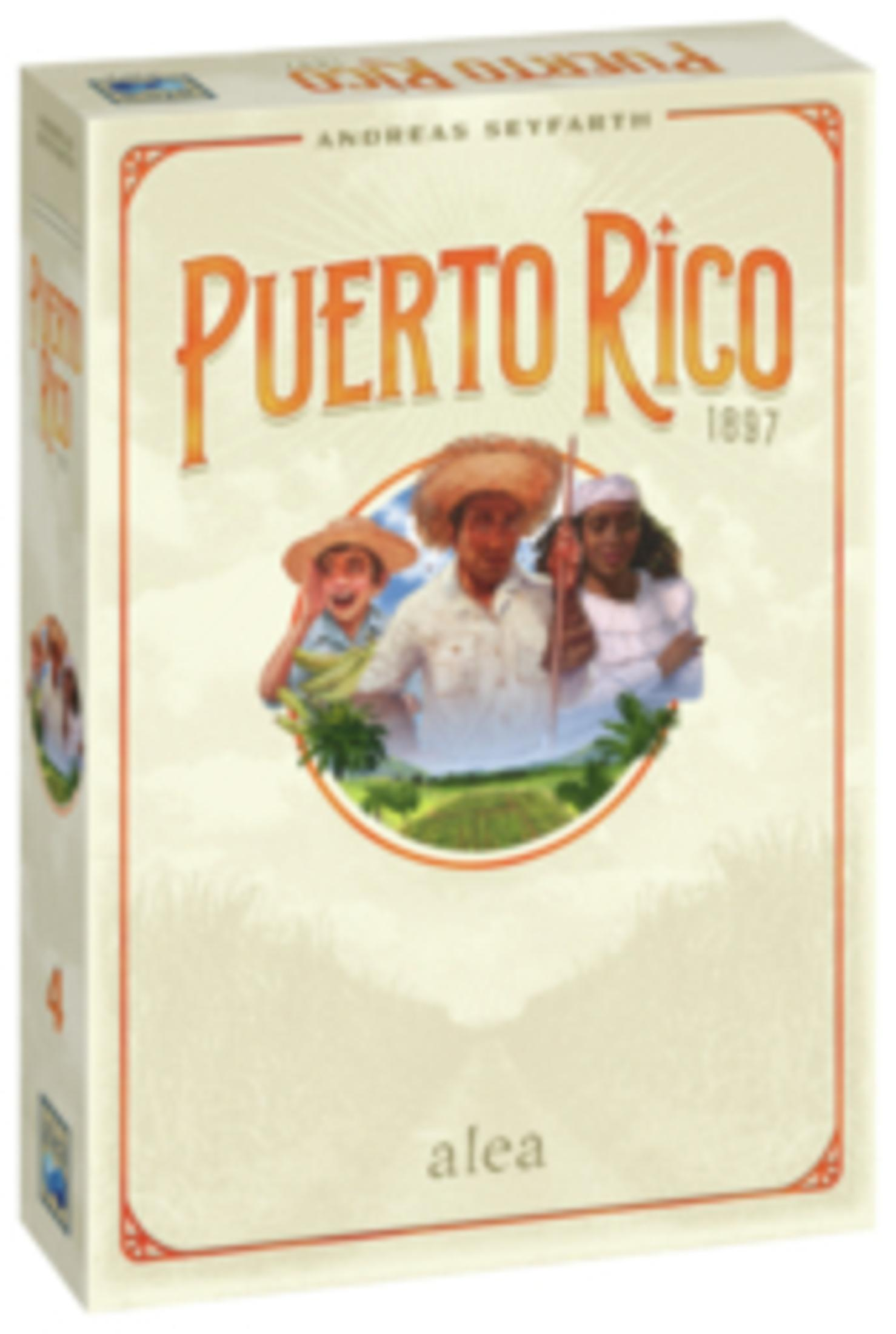 Box für das Brettspiel Puerto Rico mit Spielkunst und dem Titel darauf.