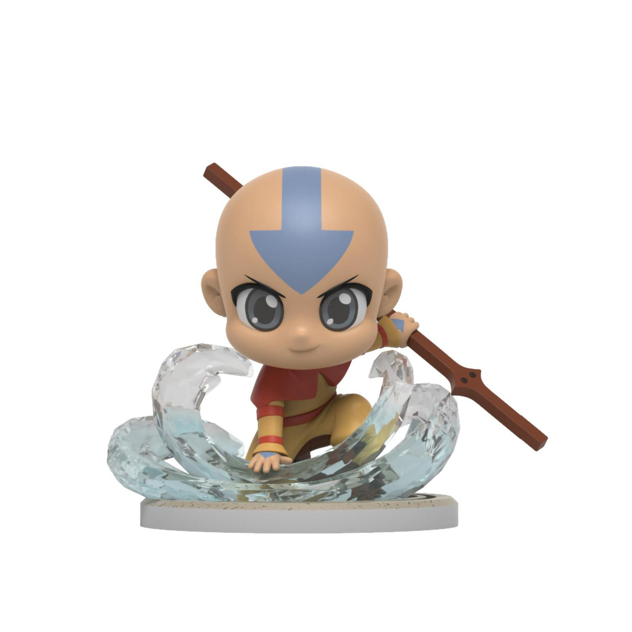 Eine Avatar-Charakterfigur in einer dynamischen Pose, mit Wassereffekten und einem Stab.