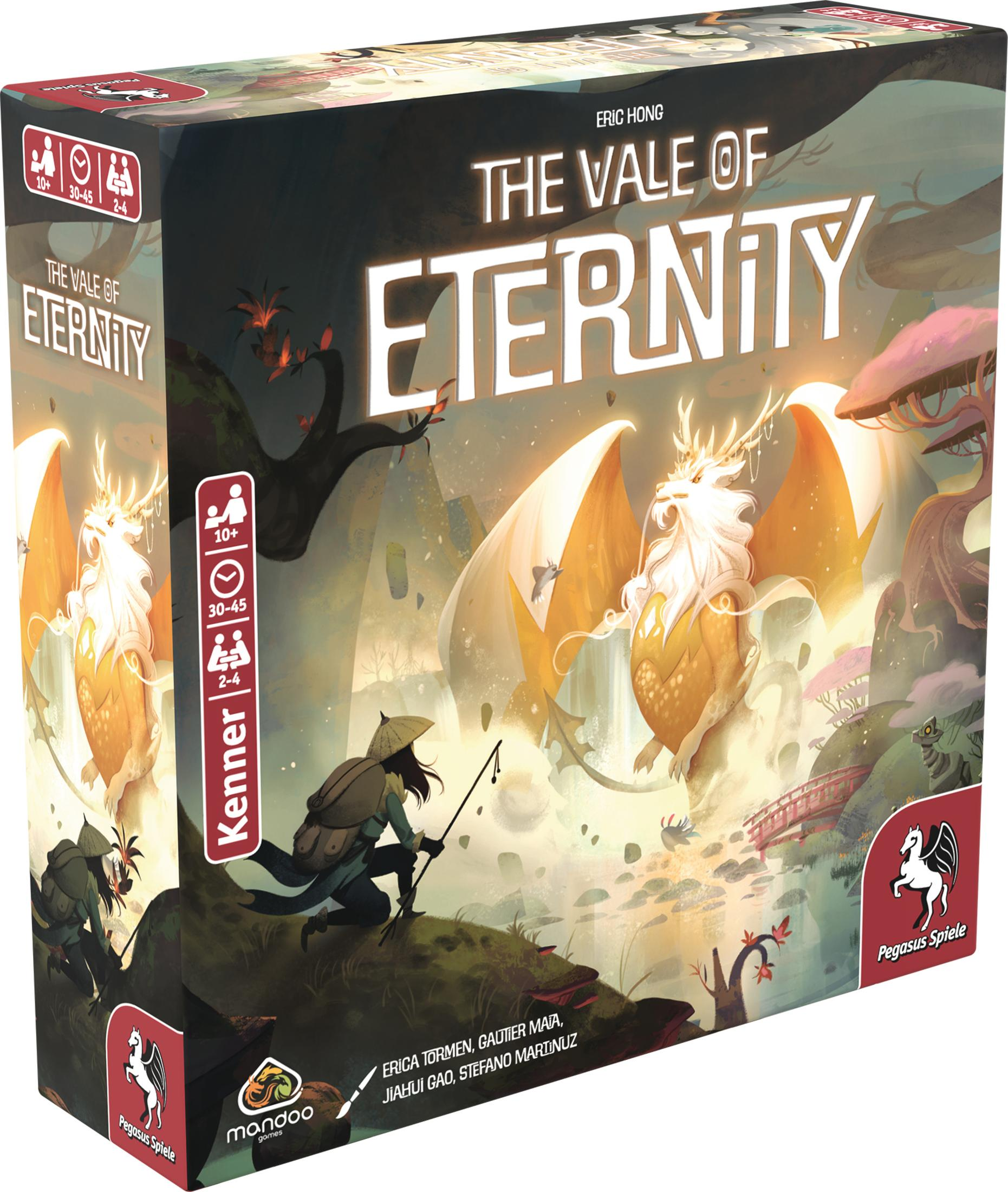 Pudełko do gry planszowej "The Vale of Eternity", ze smoczymi grafikami i szczegółami gry po bokach.