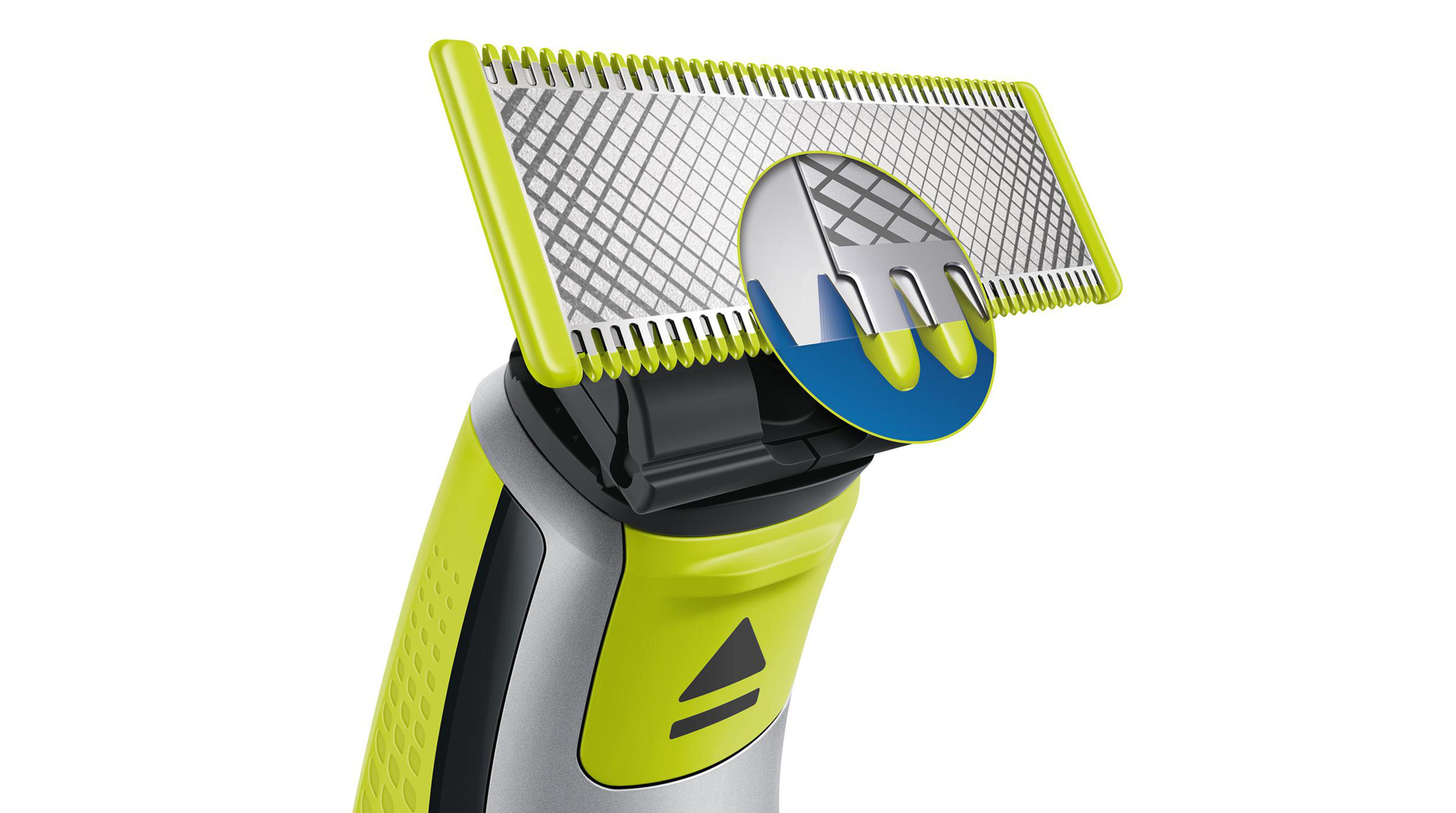 Zbliżenie golarki Philips OneBlade, ze szczegółami ostrza tnącego i trymera.