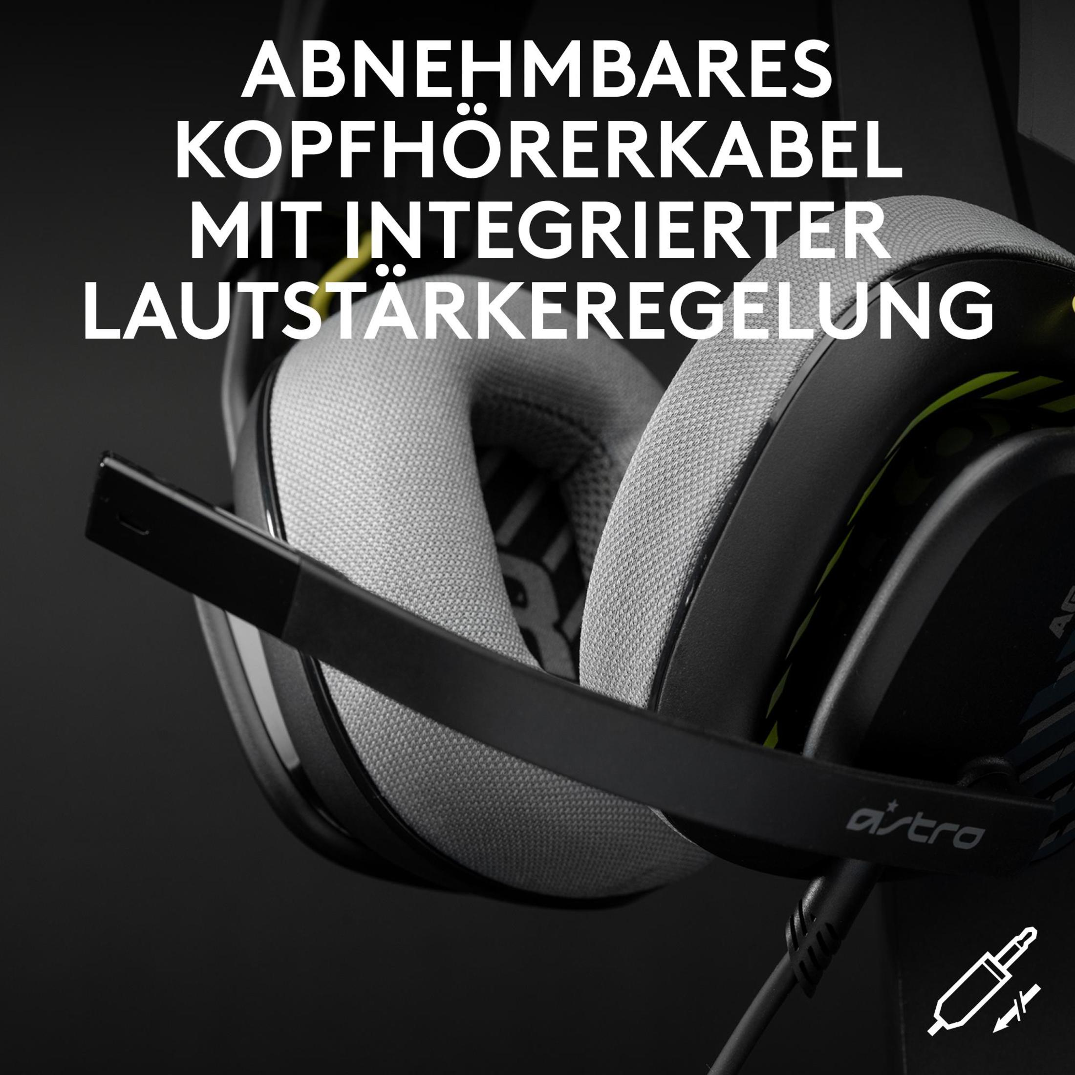 Astro Gaming-Headset mit Mikrofon, Text auf Deutsch, schwarzer Hintergrund.