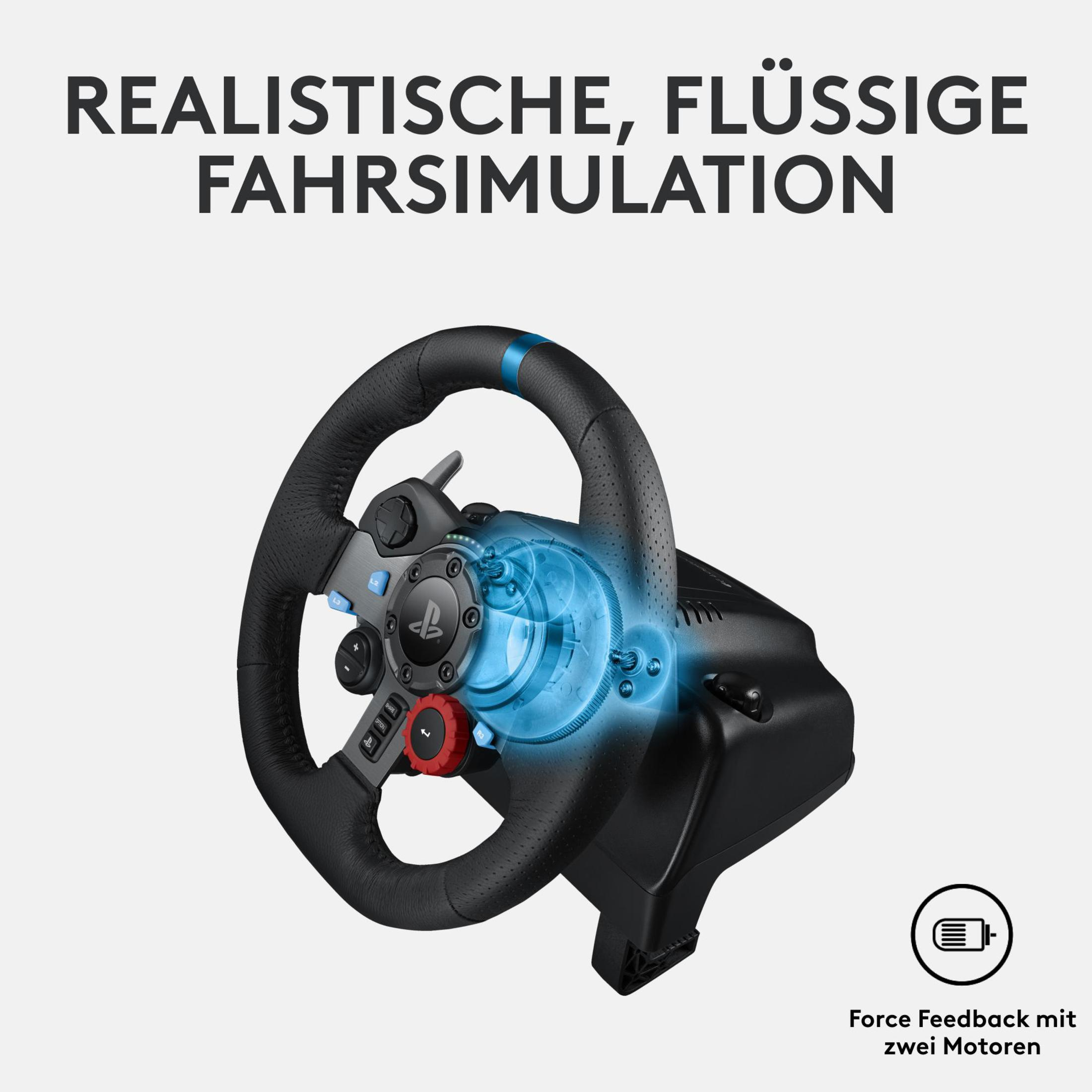 Lenkrad für einen Fahrsimulator, mit dem Text 'Realistische Fahrsimulation'.