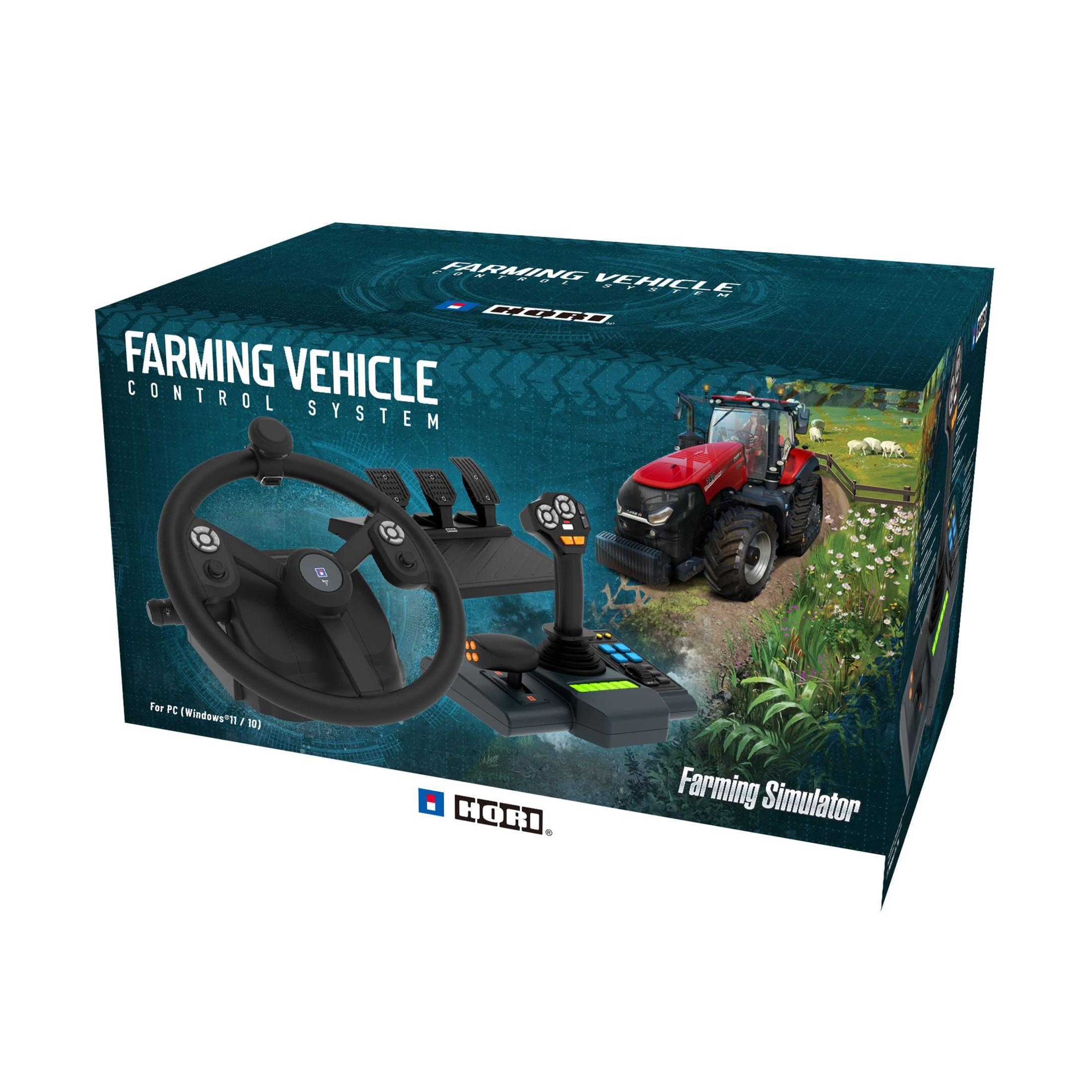Box-Set eines Fahrzeugsteuerungssystems für die Landwirtschaft mit Lenkrad, Pedalen, Joystick und Traktorbild.