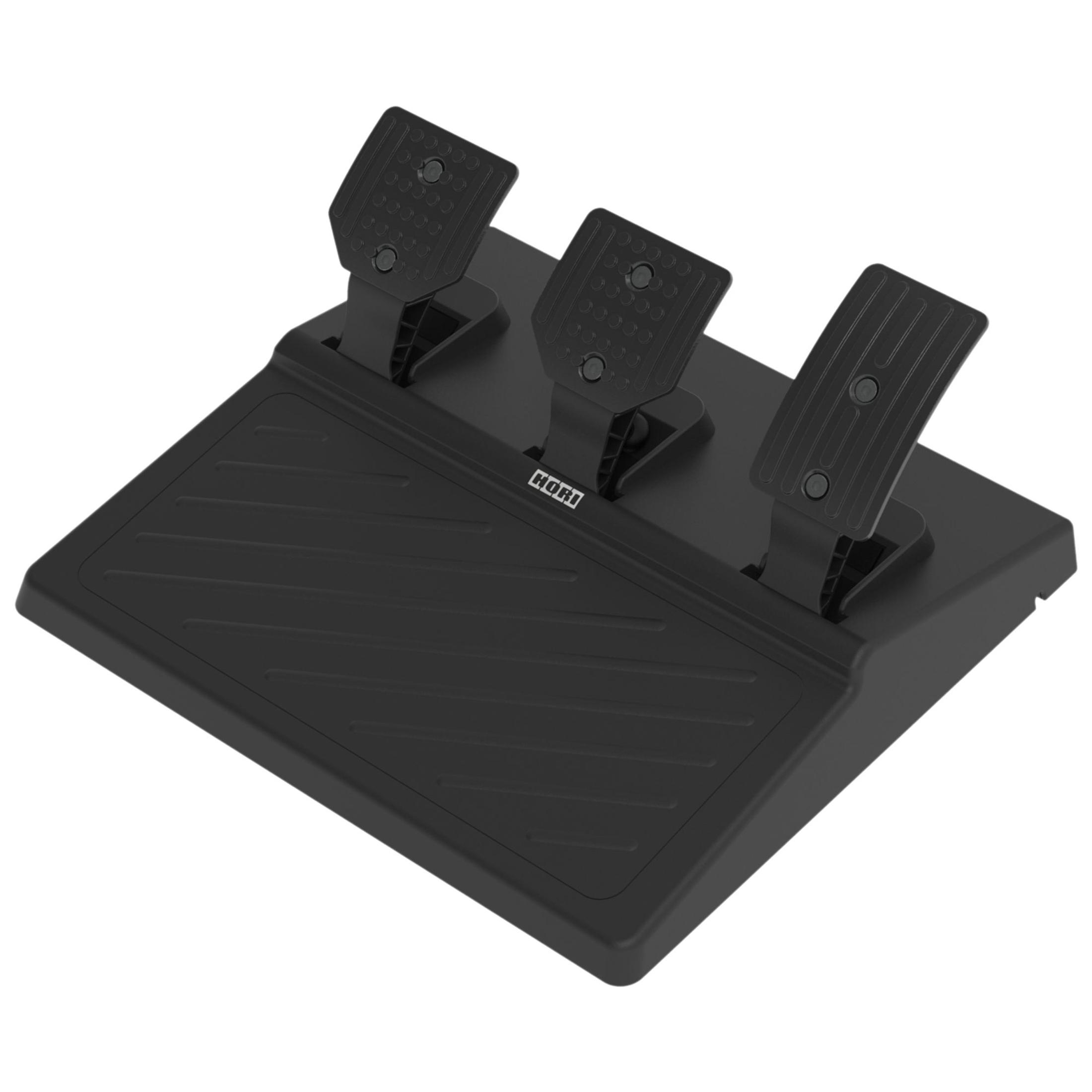 Czarny zestaw pedałów do gier z trzema pedałami i teksturowaną podstawą, na białym tle.