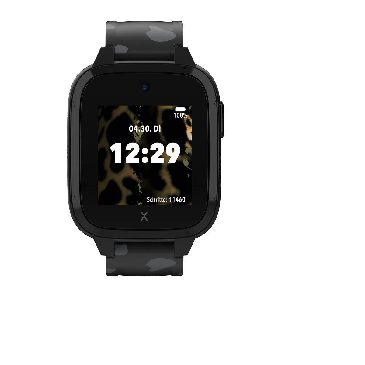 Smartwatch nero con display che mostra ora, data e passi.