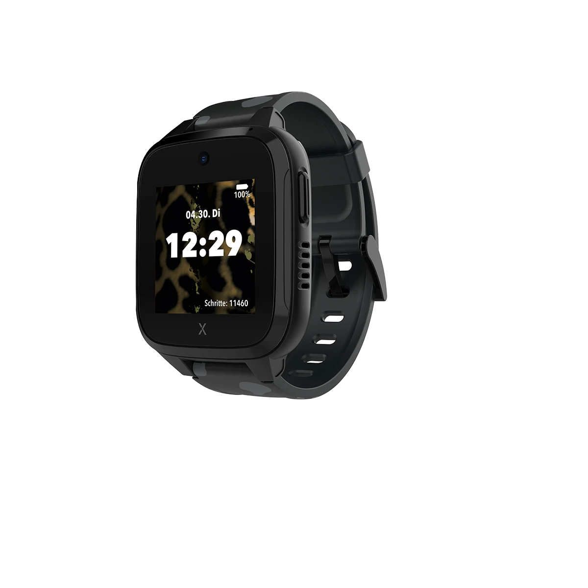 Smartwatch nero con ora e passi visualizzati, su sfondo nero.