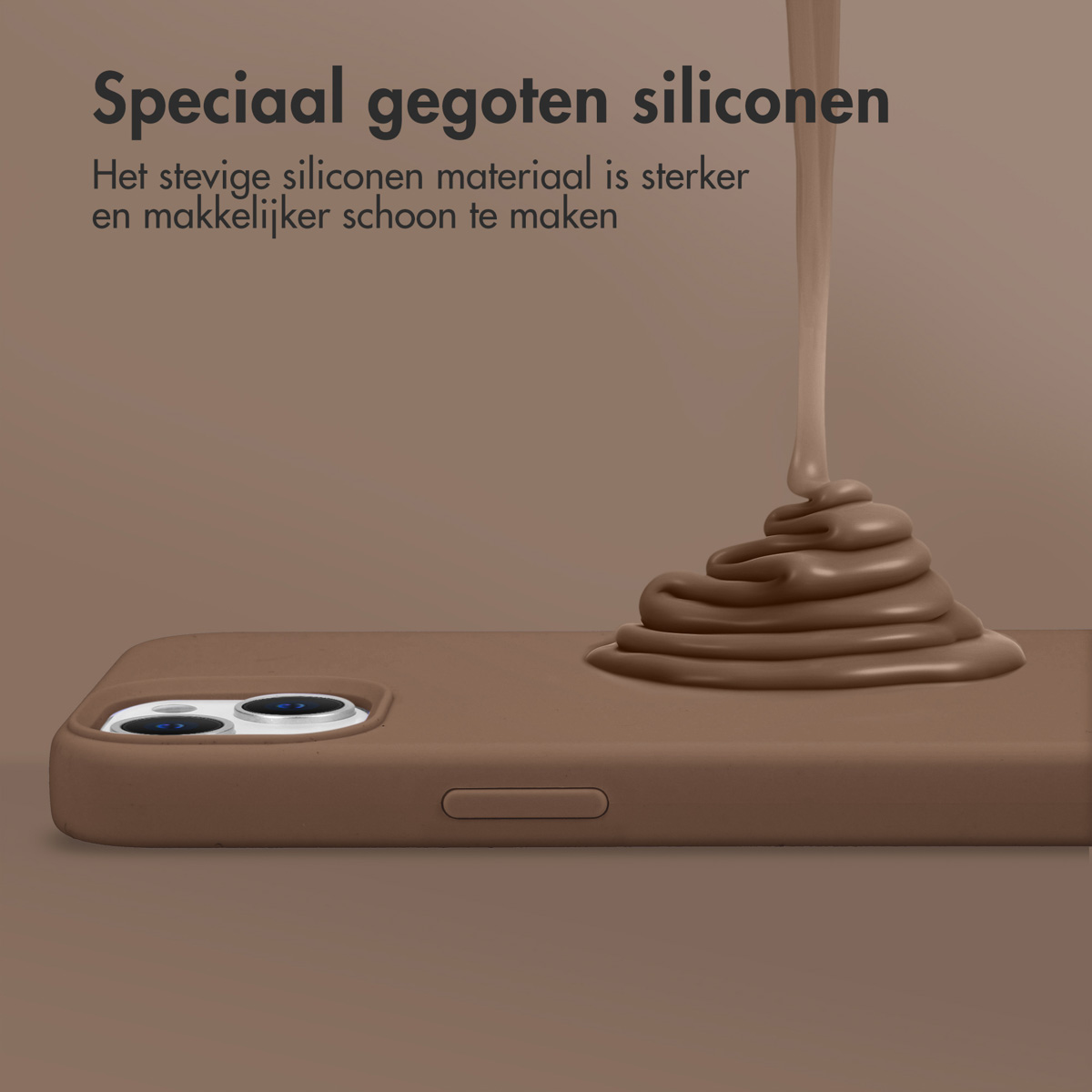 Een bruine telefoonhoes wordt gevuld met vloeibare siliconen. Tekst: Speciaal gegoten siliconen, sterk siliconenmateriaal.