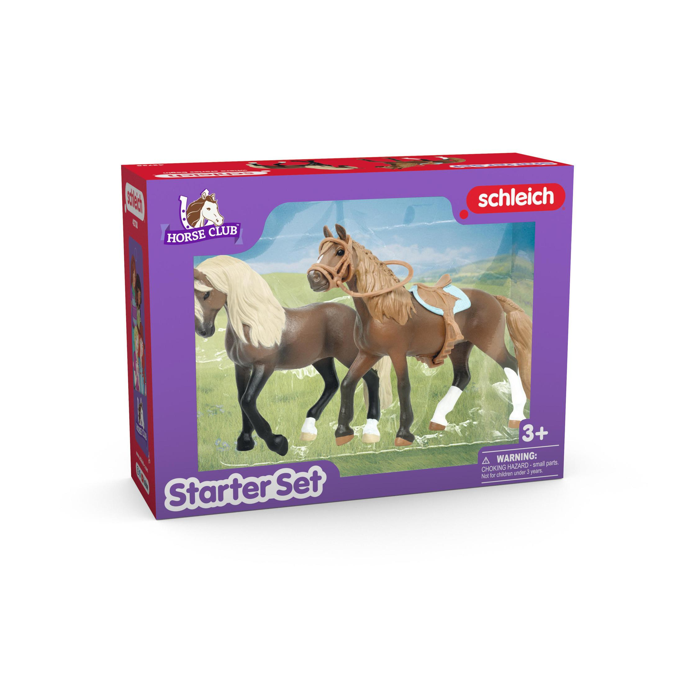 Confezione con cavalli giocattolo, uno marrone e uno bianco.