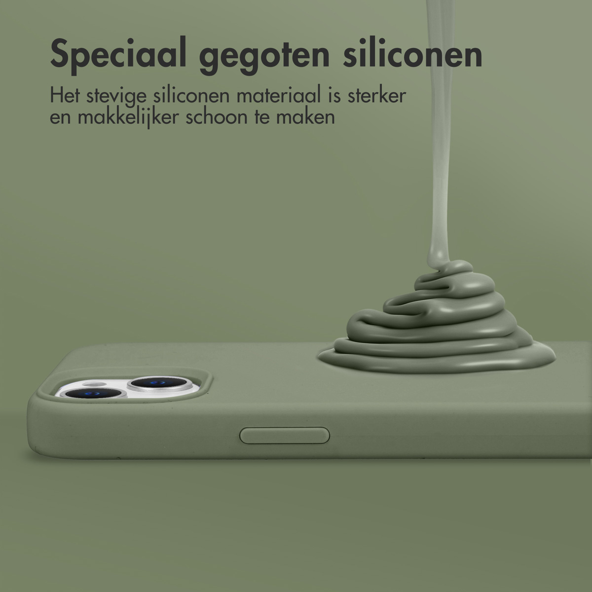 Olijfgroene telefoonhoes. Vloeistof wordt er van bovenaf overheen gegoten.