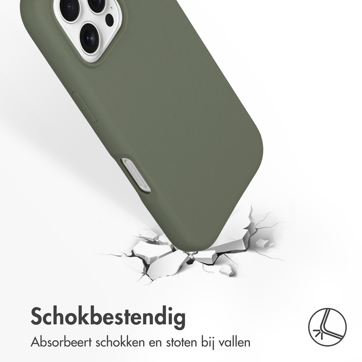 Coque de téléphone vert olive, sol fissuré en dessous, texte 'Schokbestendig'.